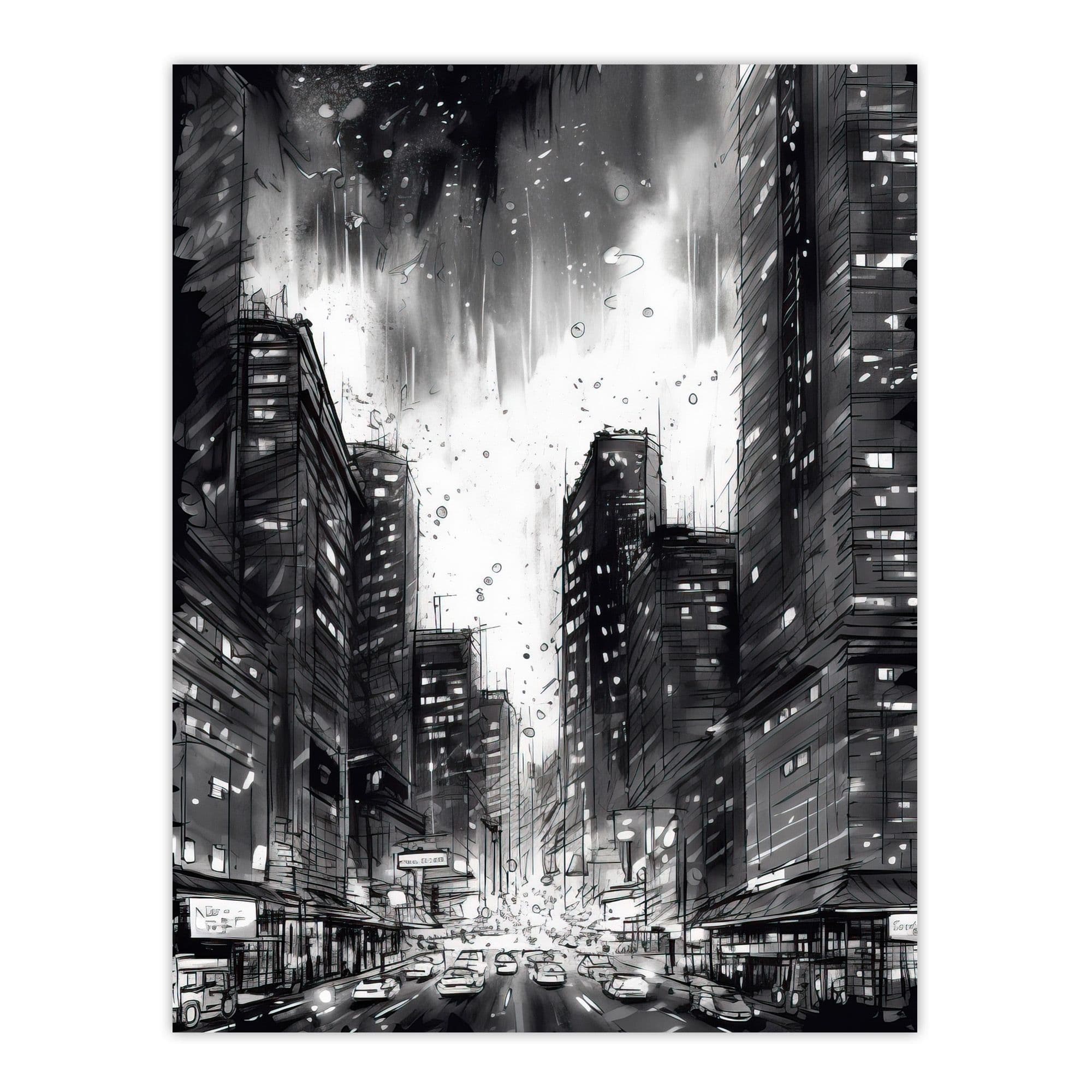 Downtown Chicago Ink Sketch Cityscape Pen Ink Dark Moody Extra Large Wall Art Poster Print
