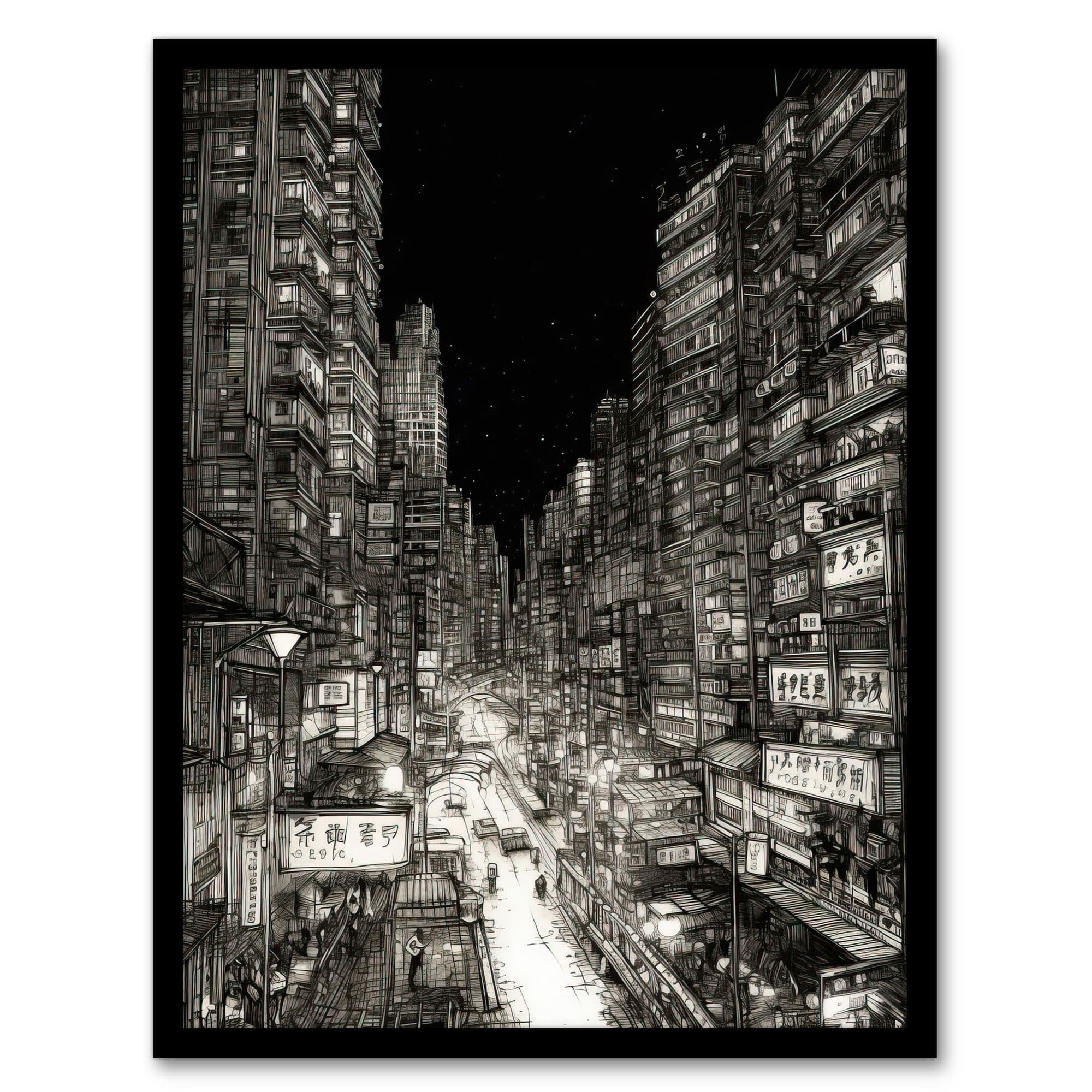 Downtown Tokyo Sketch Cityscape Pen & Ink Drawing Japan Black White Art Print Framed Poster Wall Decor 12x16 inch