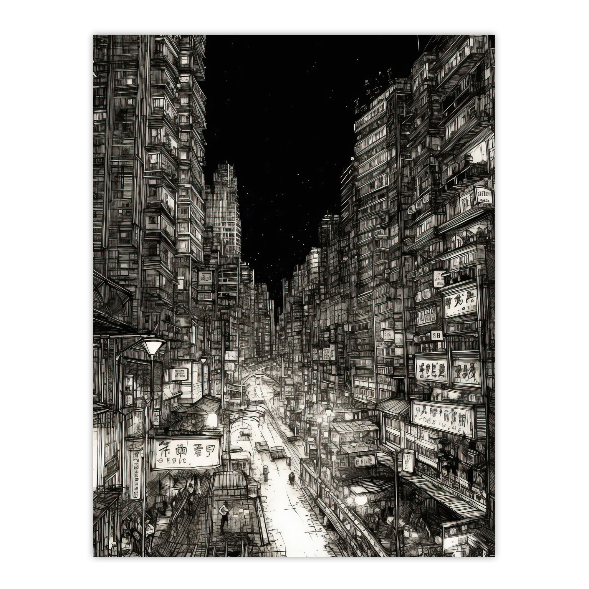 Downtown Tokyo Sketch Cityscape Pen & Ink Drawing Japan White Extra Large Wall Art Poster Print