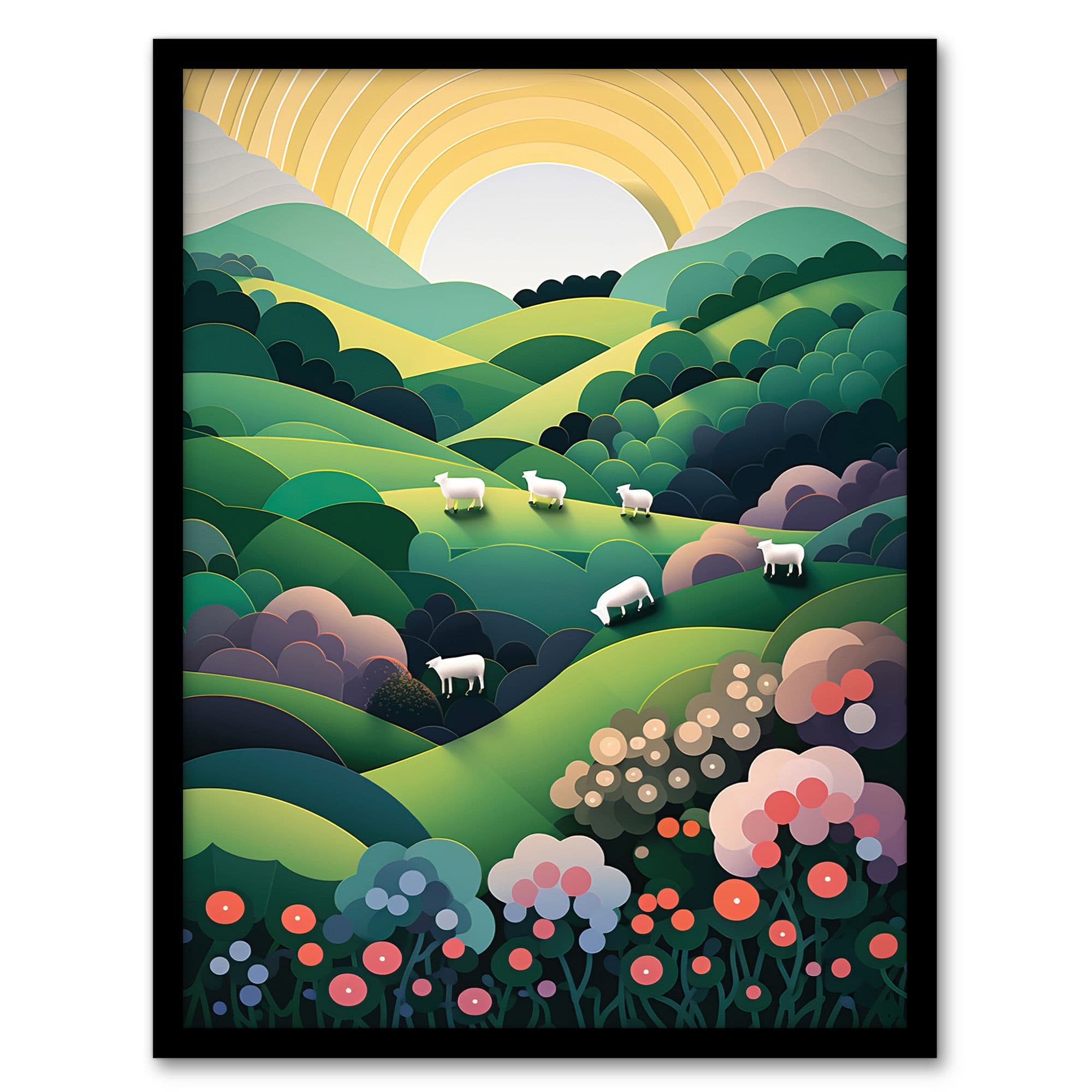 Valley Sheep Modern Digital Aesthetic Sunrise English Countryside Simple Flat Art Print Framed Poster Wall Decor 12x16 inch