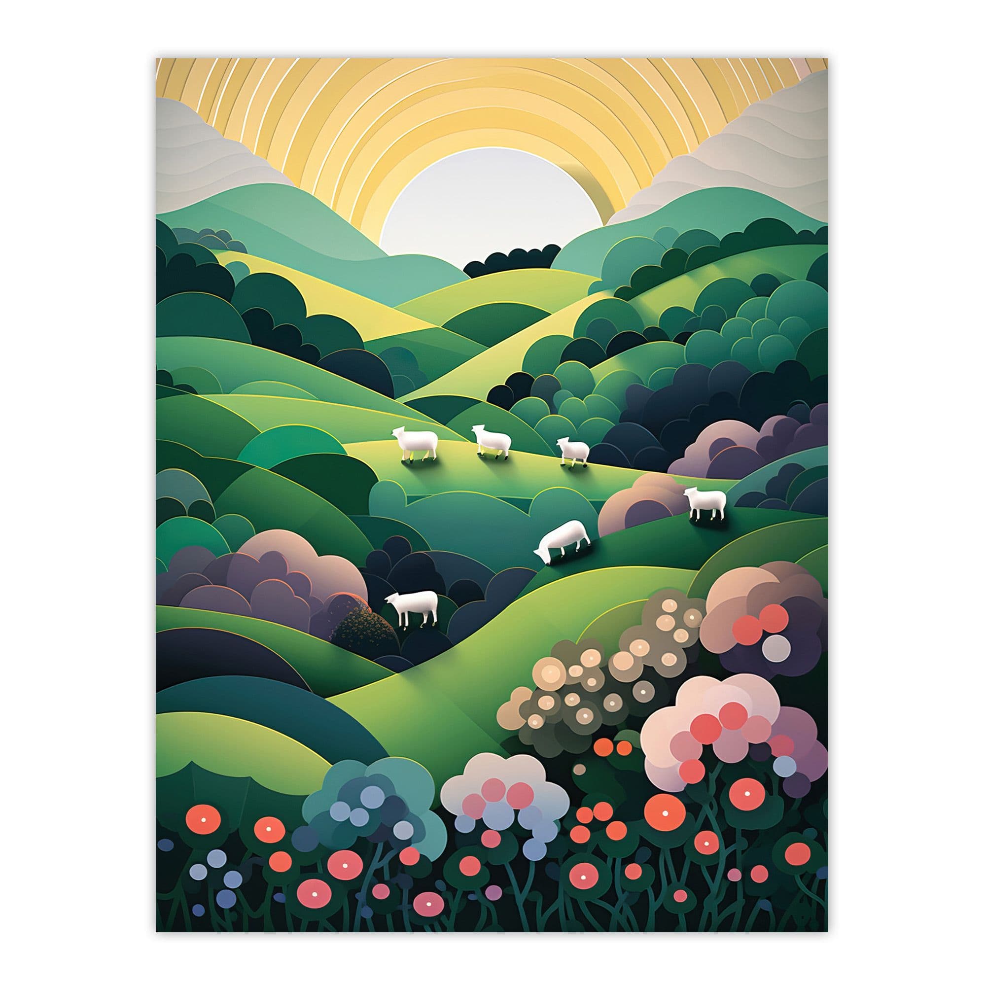 Valley Sheep Modern Digital Aesthetic Sunrise English Countryside Simple Flat Large Wall Art Poster Print Thick Paper 18X24 Inch