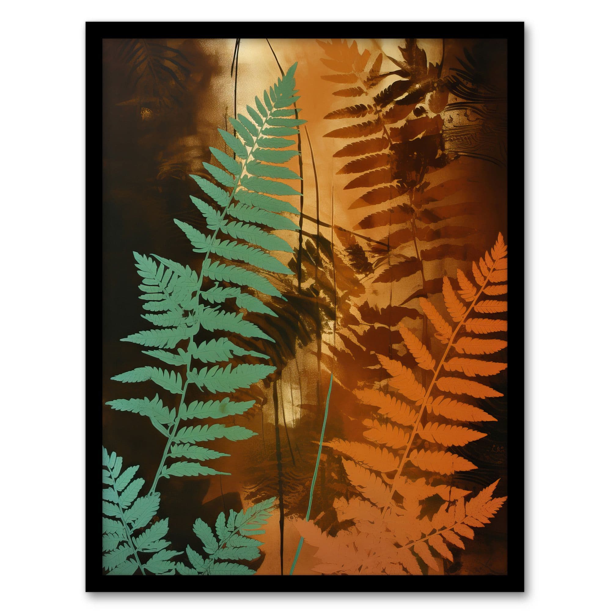 Ferns Teal Vintage Aesthetic Earthy Botanical Art Print Framed Poster Wall Decor 12x16 inch