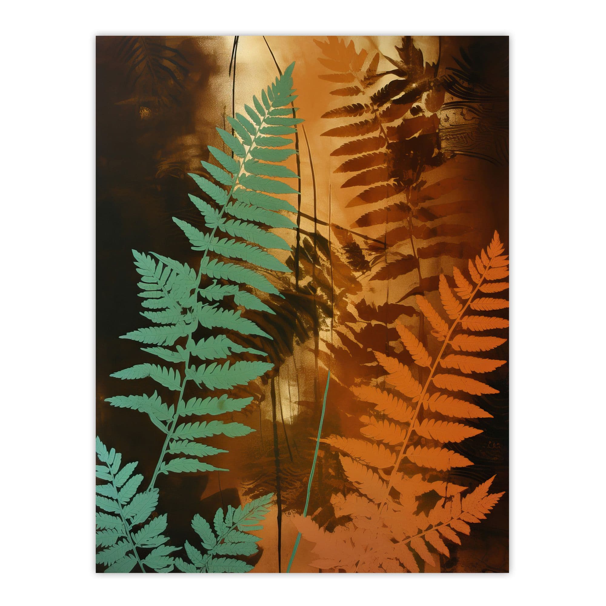 Ferns Orange And Teal Vintage Aesthetic Earthy Botanical Large Wall Art Poster Print Thick Paper 18X24 Inch