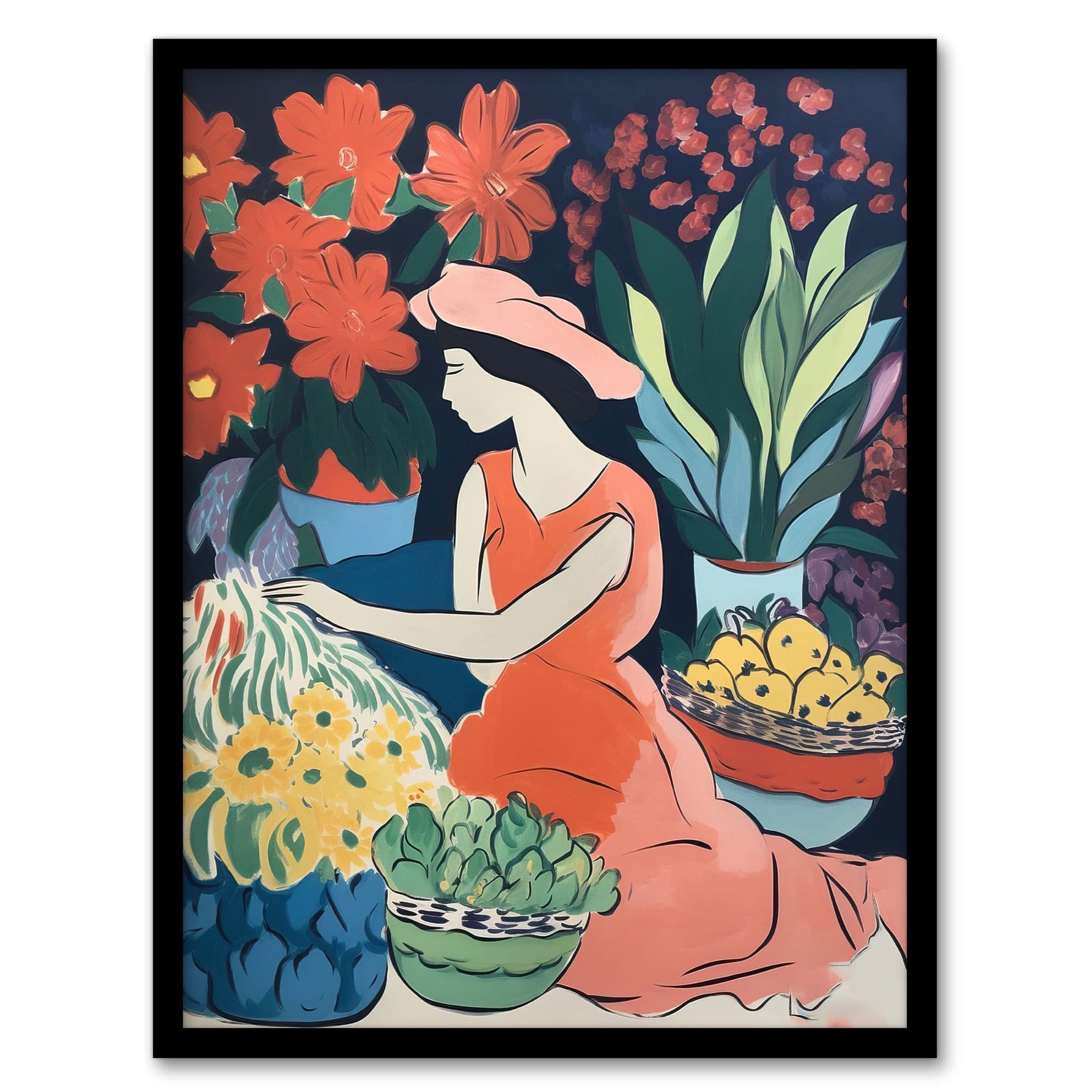 The Market By Sylvia Day Girl Sitting Danish Pastel Aesthetic Floral Matisse Style Flowers Dutch Art Print Framed Poster Wall Decor 12x16 inch