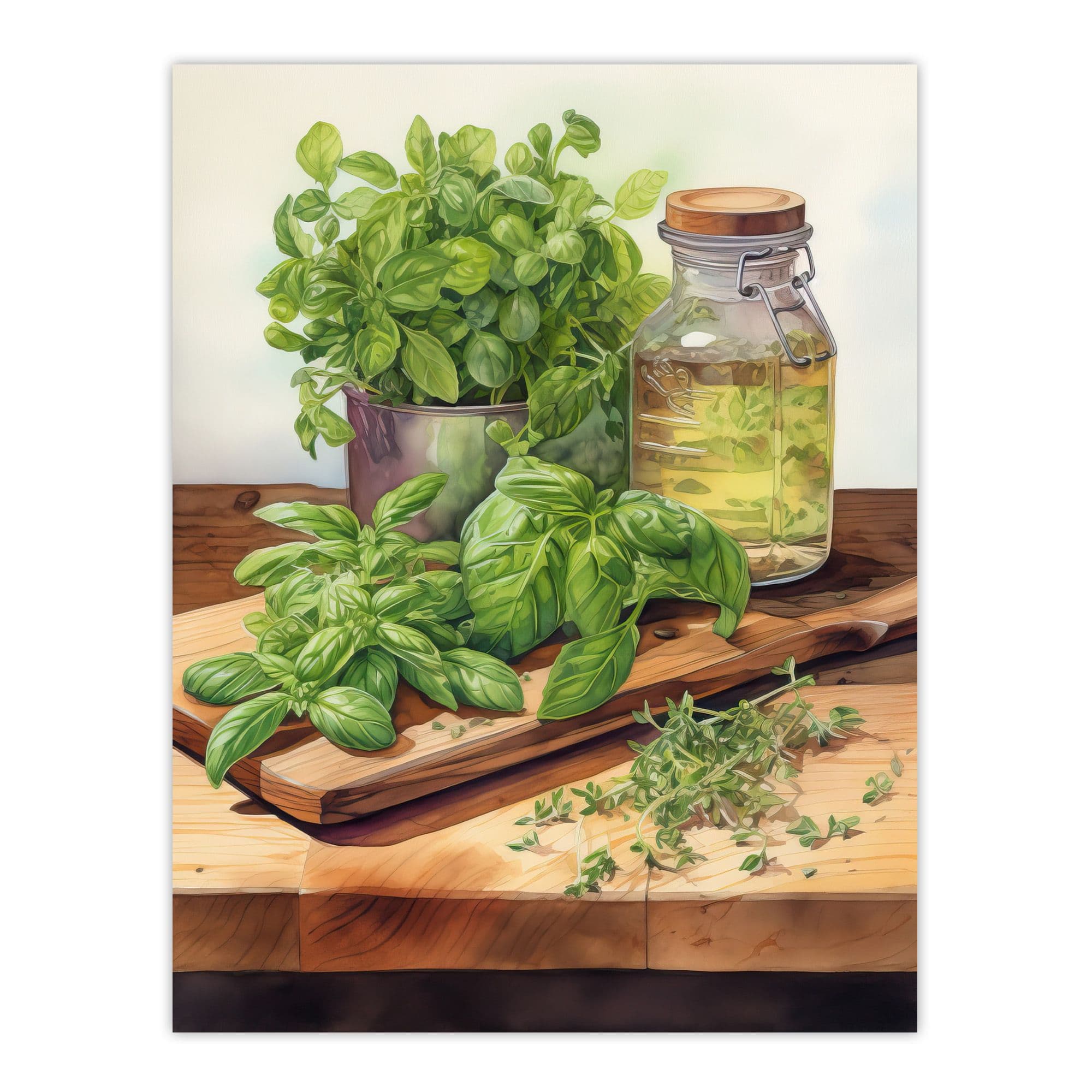 Country Kitchen Art Watercolour Basil Herb Still Life Study Painting Unframed Wall Art Print Poster Home Decor Premium
