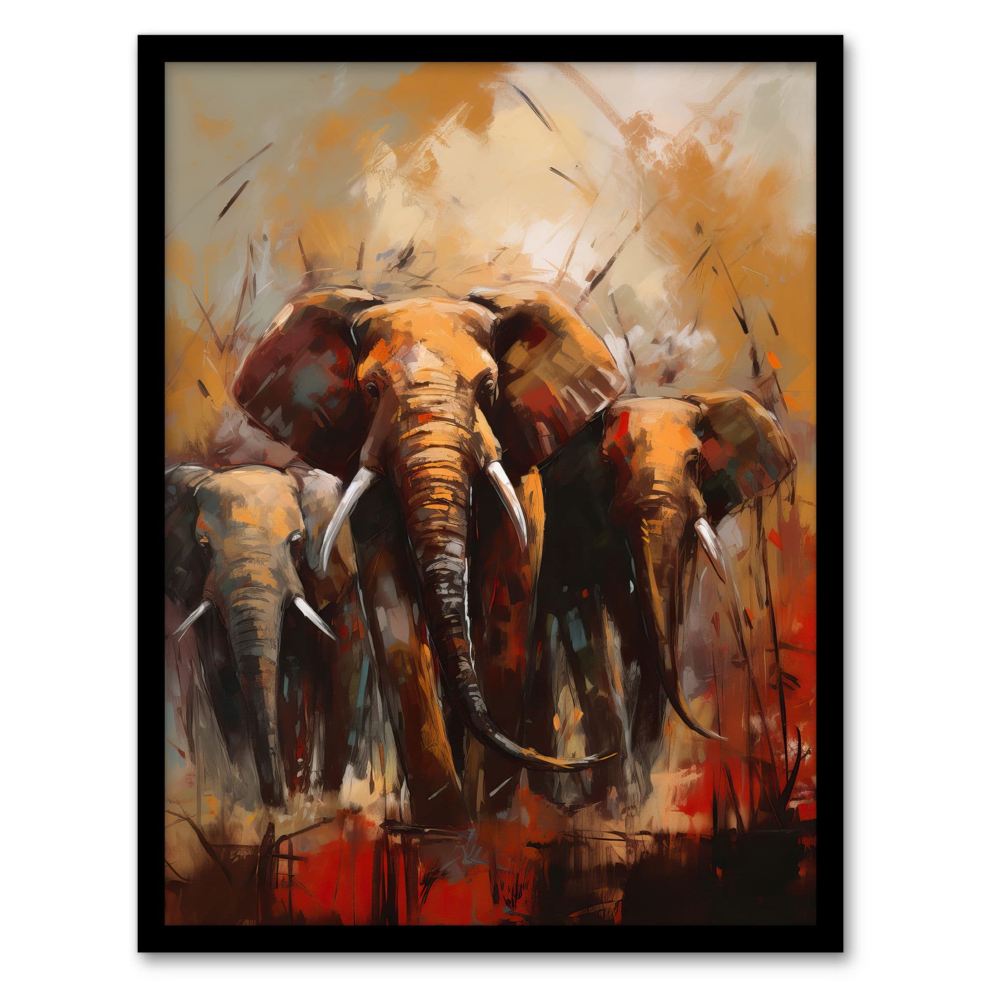The Elephant Charge By Duncan Flint African Elephants Oil Painting Artwork Framed Wall Art Print A4