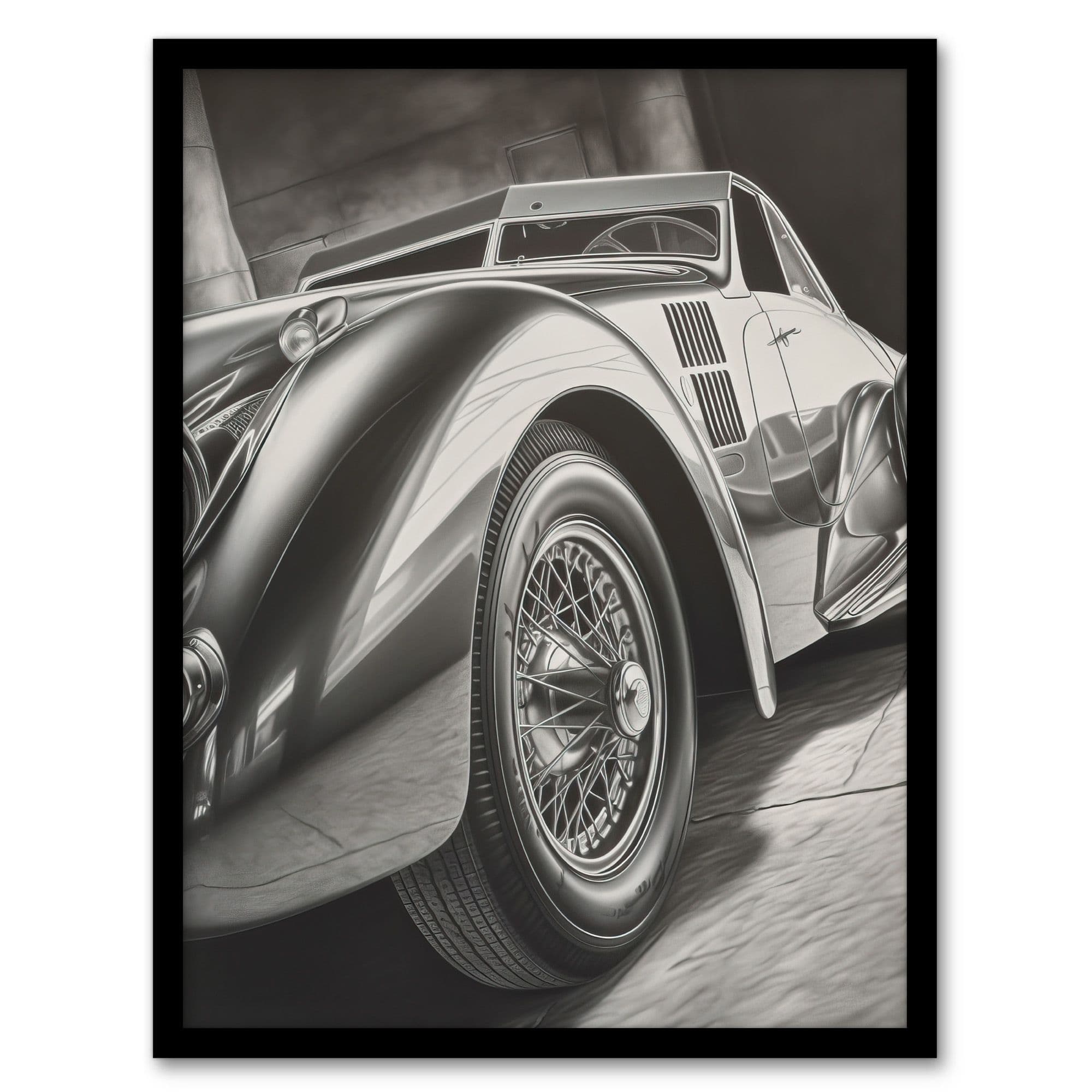 Hyper Realism Pencil Drawing Sports Car Graphic Gift For Him Art Print Framed Poster Wall Decor 12x16 inch