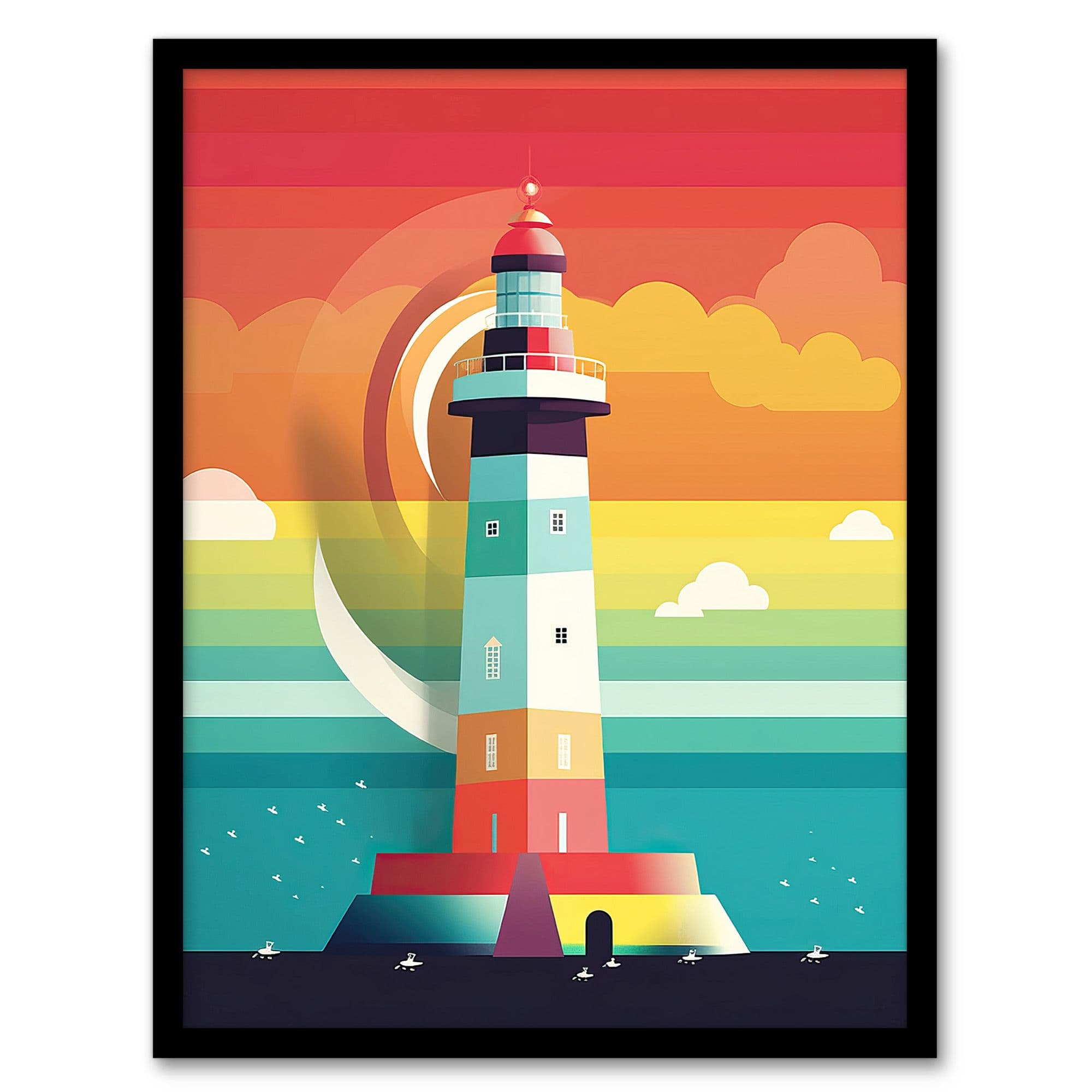 Lighthouse Mid Century Modern Colourful Flat Style Bathroom Art Kids Cheerful Artwork Framed Wall Art Print A4