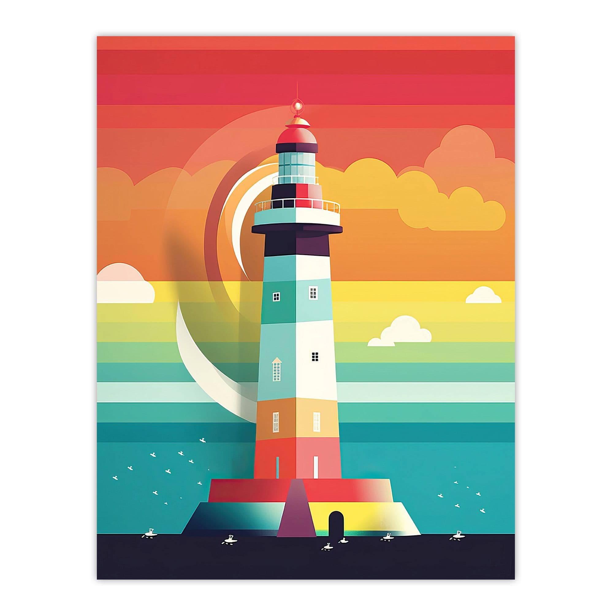 Lighthouse Mid Century Modern Colourful Flat Style Bathroom Art Cheerful Extra Large Wall Art Poster Print