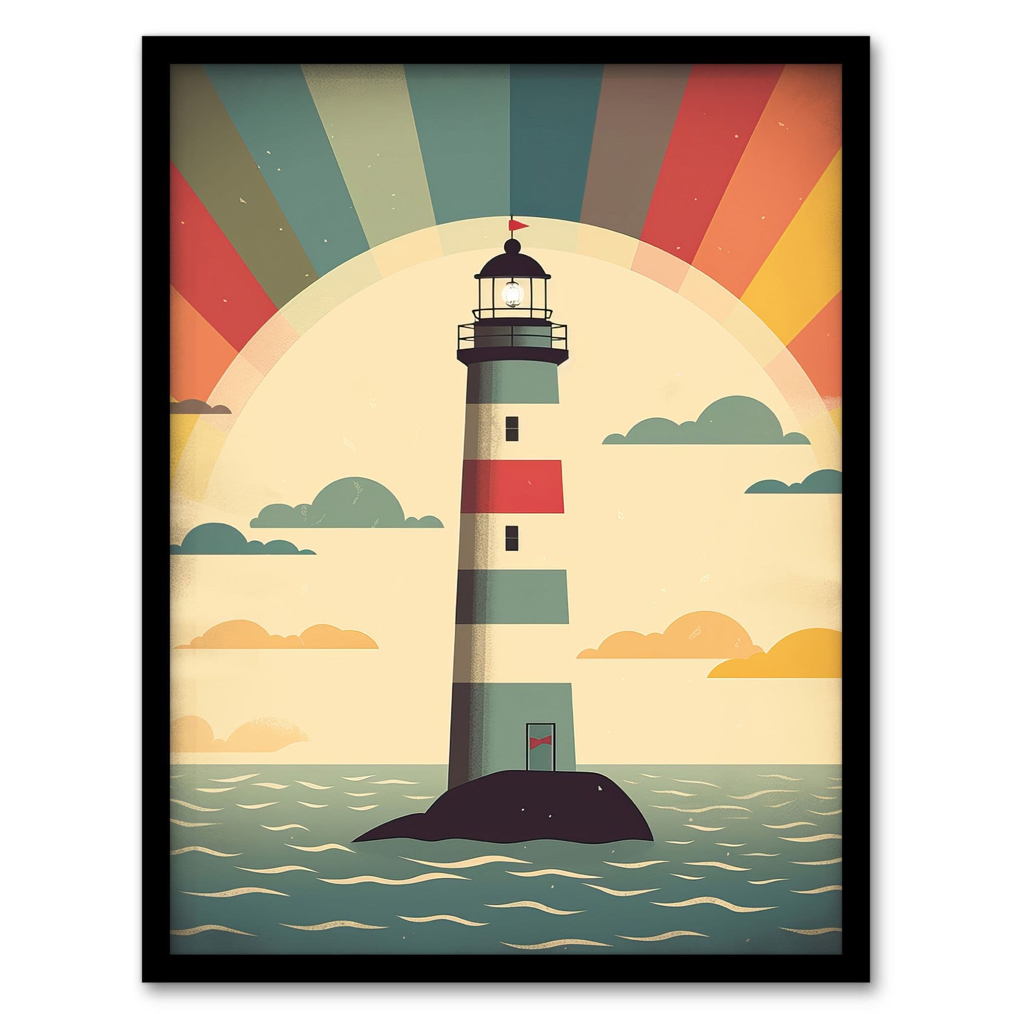 Retro Lighthouse Bathroom Art Sunrise Mid Century Modern Flat Vintage Style Artwork Framed Wall Art Print A4