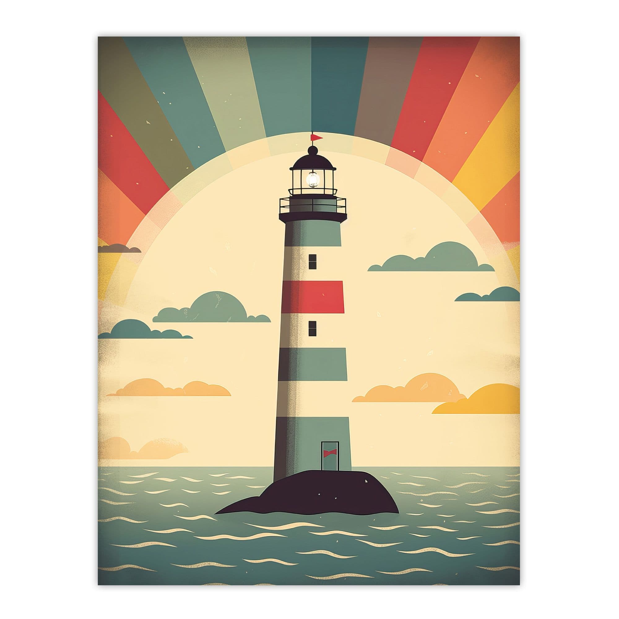 Retro Lighthouse Bathroom Art Sunrise Mid Century Modern Flat Vintage Style Large Wall Art Poster Print Thick Paper 18X24 Inch