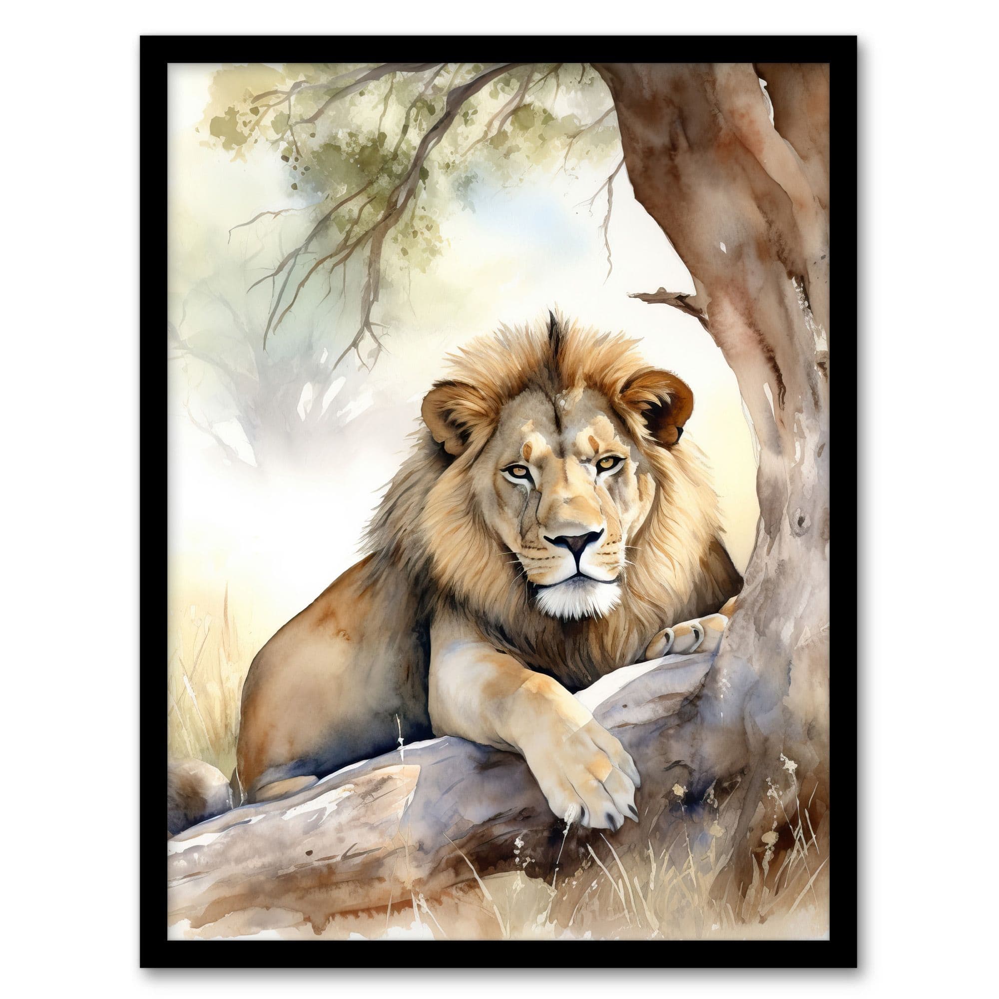 Majestic Lion African Savannah Watercolour Africa Artwork Framed Wall Art Print A4
