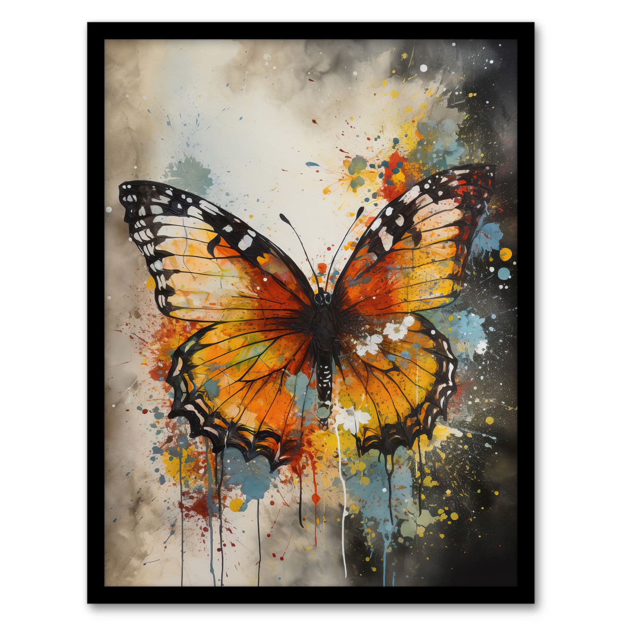 Modern Ink Monarch Butterfly Watercolour Splatter Drip Artwork Framed Wall Art Print A4