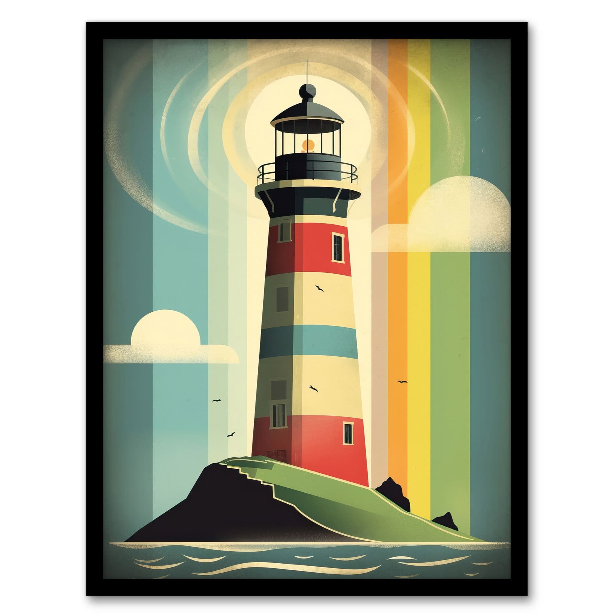 Modern Stylised Lighthouse Flat Style Multicoloured Seascape Illustration Art Print Framed Poster Wall Decor 12x16 inch