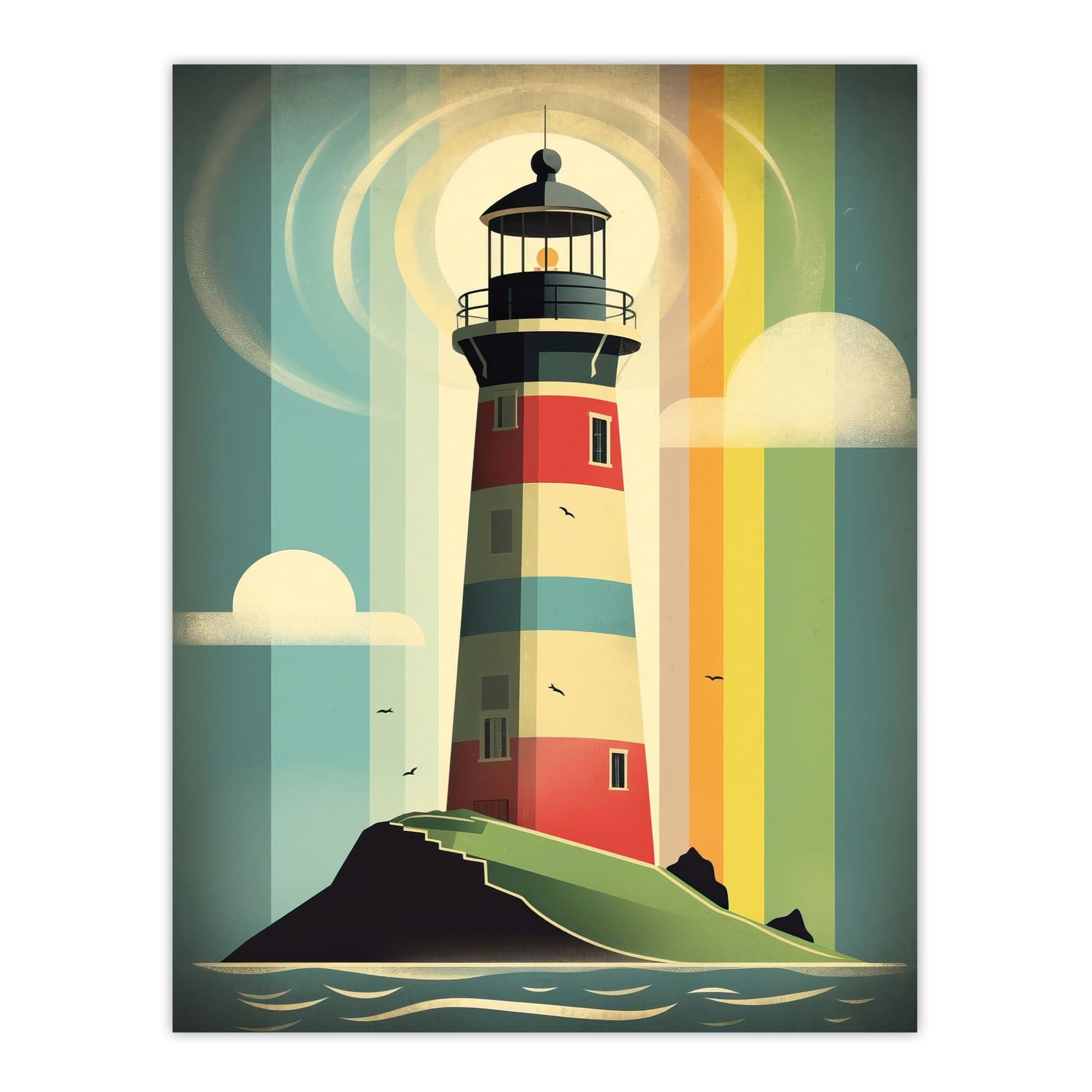 Modern Stylised Lighthouse Flat Style Multicoloured Seascape Illustration Large Wall Art Poster Print Thick Paper 18X24 Inch