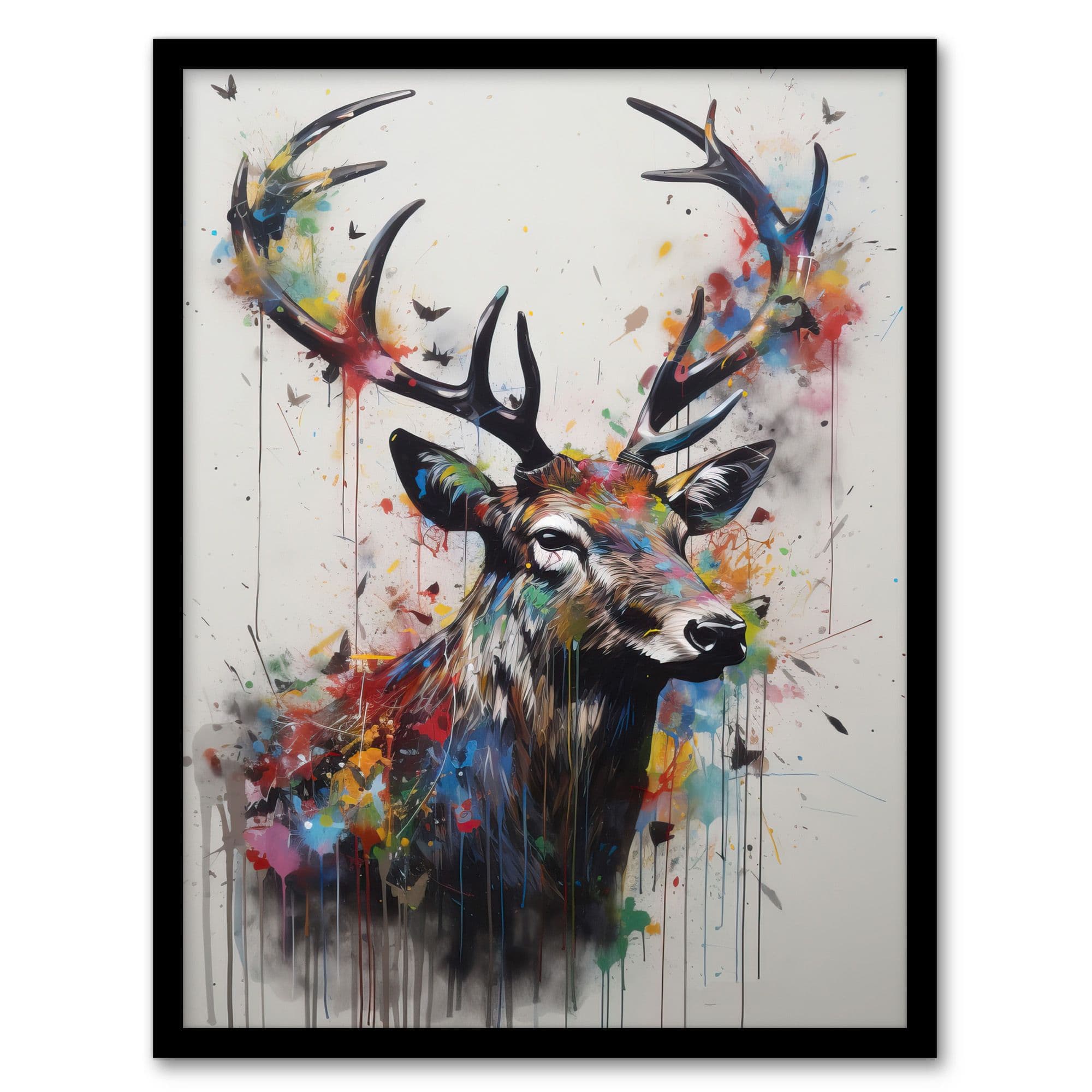 Modern Monarch Of The Glen Stag Painting With Butterflies Artwork Framed Wall Art Print A4