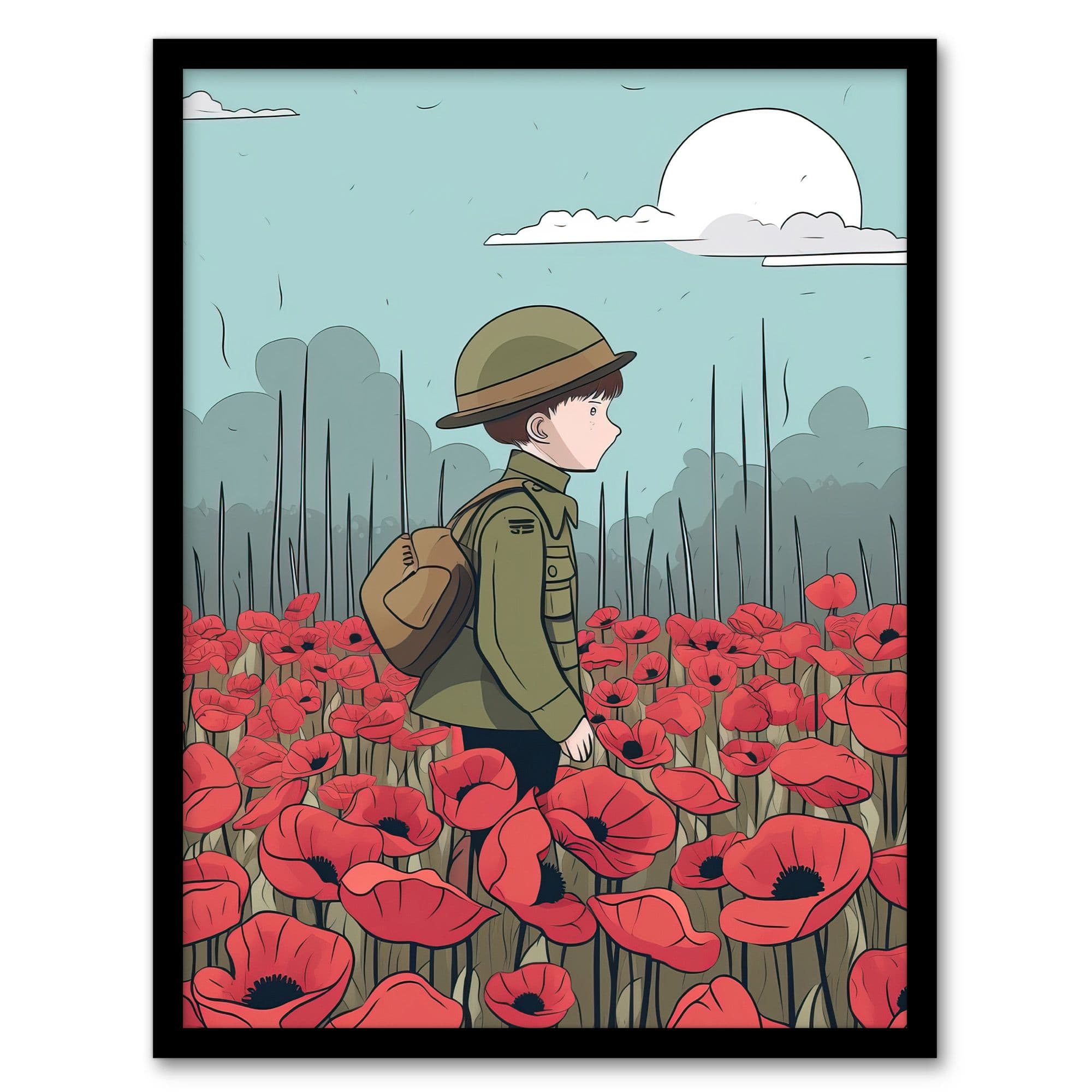 Modern Poppy Fields Illustration Remembrance Day Flanders Artwork Framed Wall Art Print A4