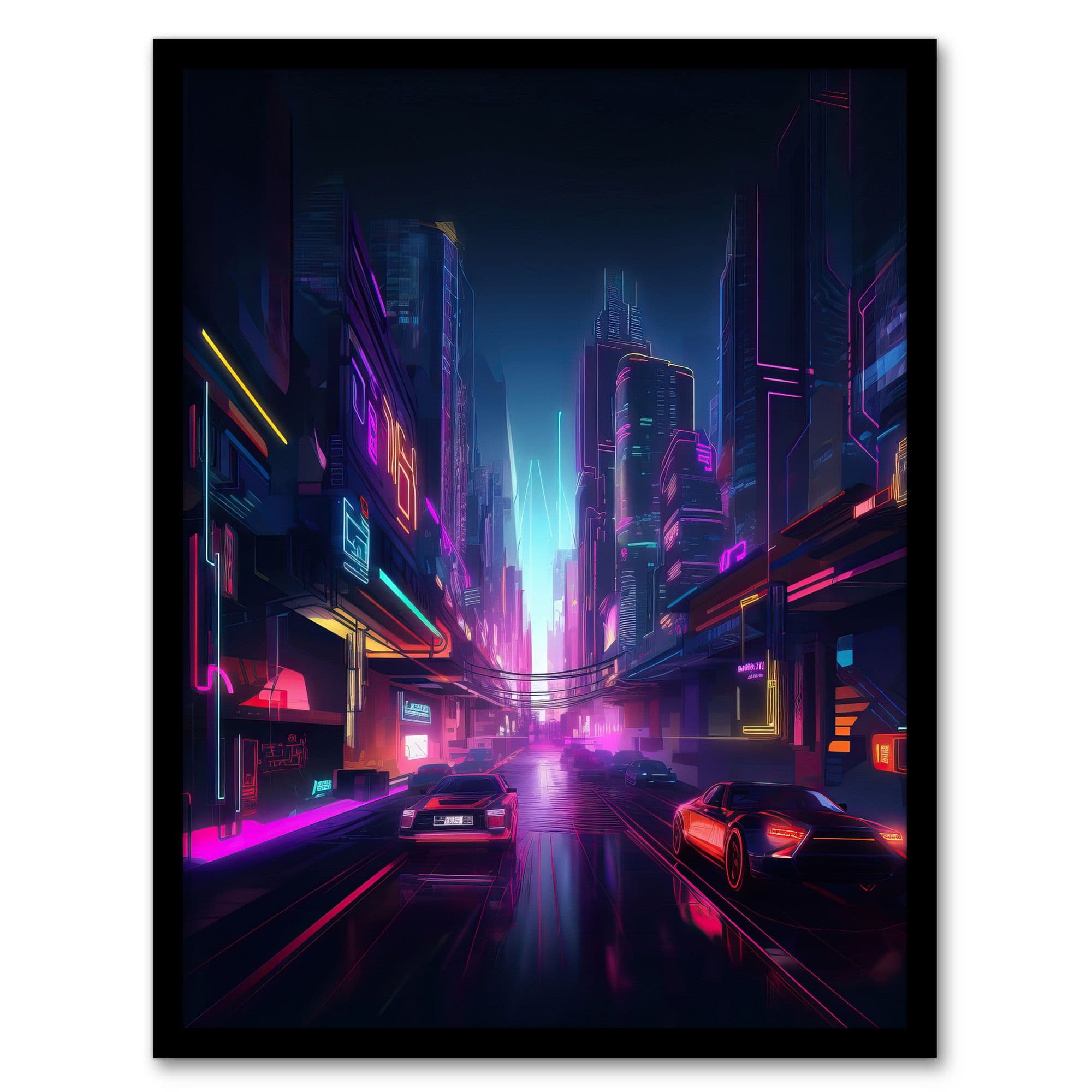 Neon Purple Cityscape Electronic Futuristic Skyscraper Boys Bedroom Art Print Framed Poster Wall Decor 12x16 inch