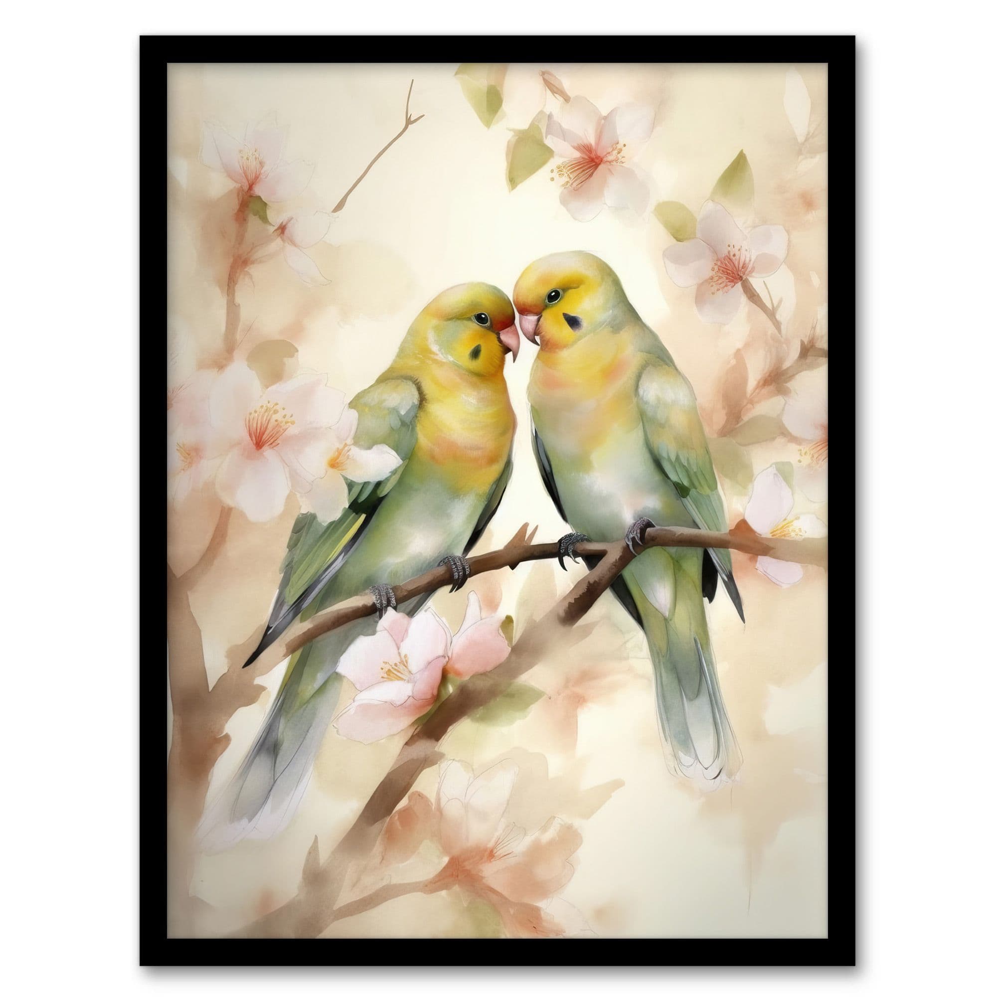 Two Lovebirds Cherry Blossom Watercolour Pair Perched Art Print Framed Poster Wall Decor 12x16 inch