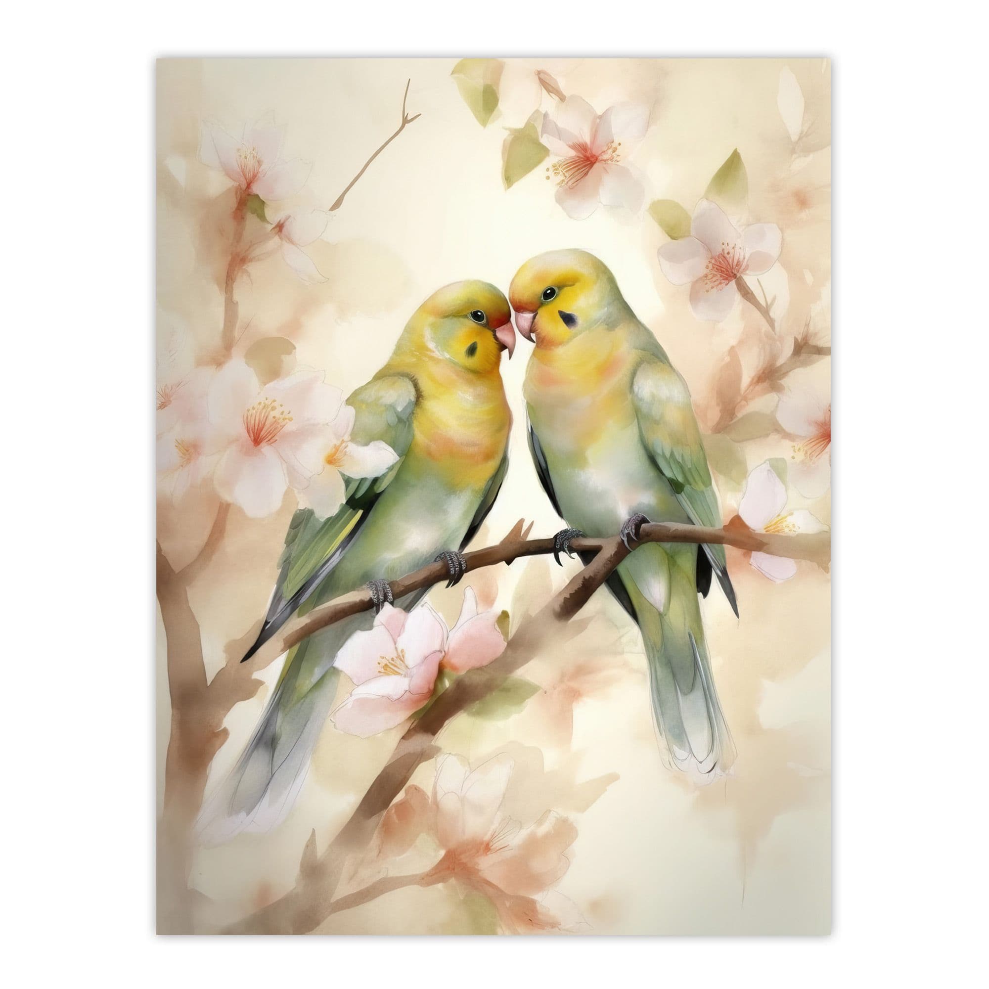 Two Lovebirds Cherry Blossom Watercolour Pair Perched Extra Large XL Wall Art Poster Print