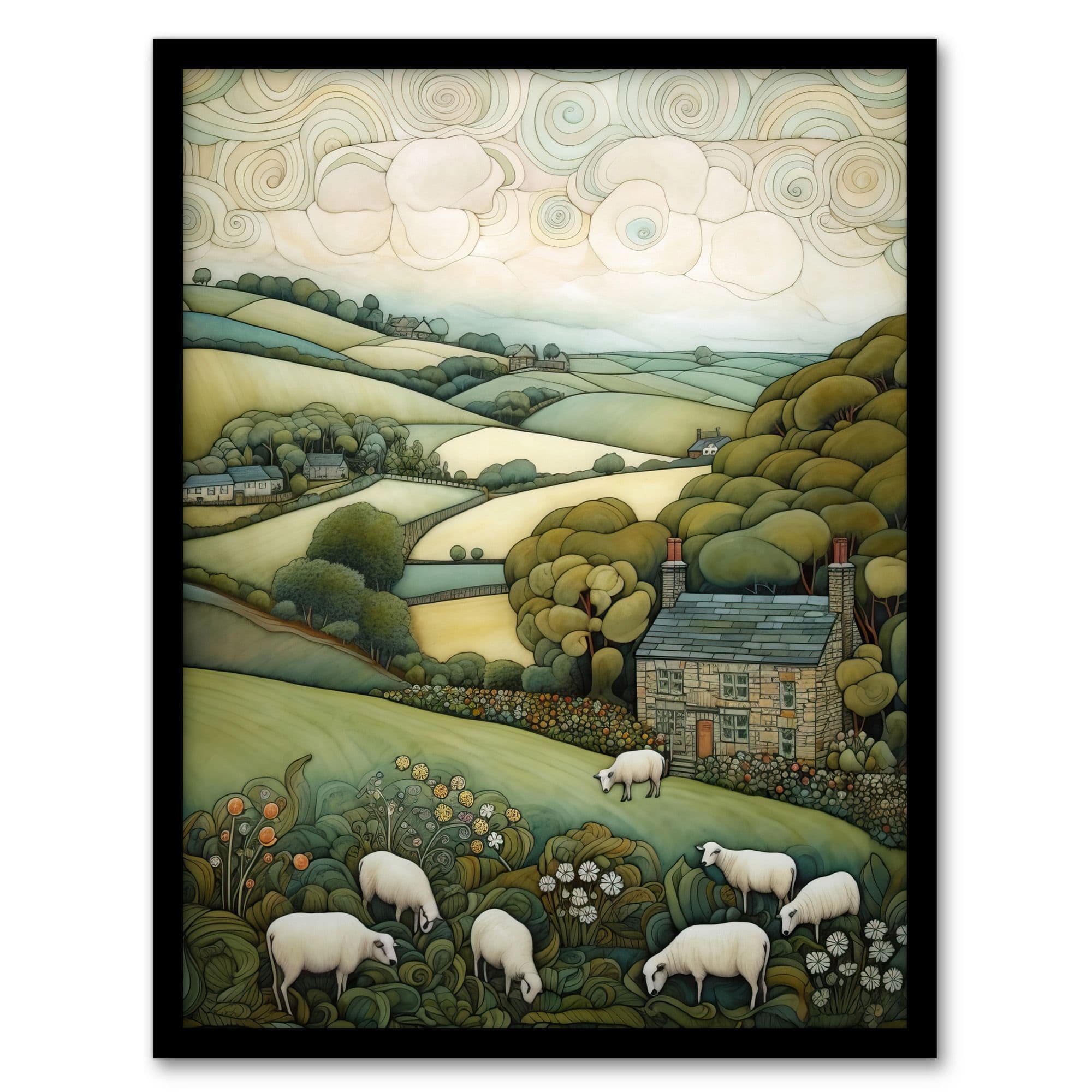 Sleepy England Celia Hapton Quirky Lake District Scene Rolling Hills Grazing Sheep Art Print Framed Poster Wall Decor 12x16 inch