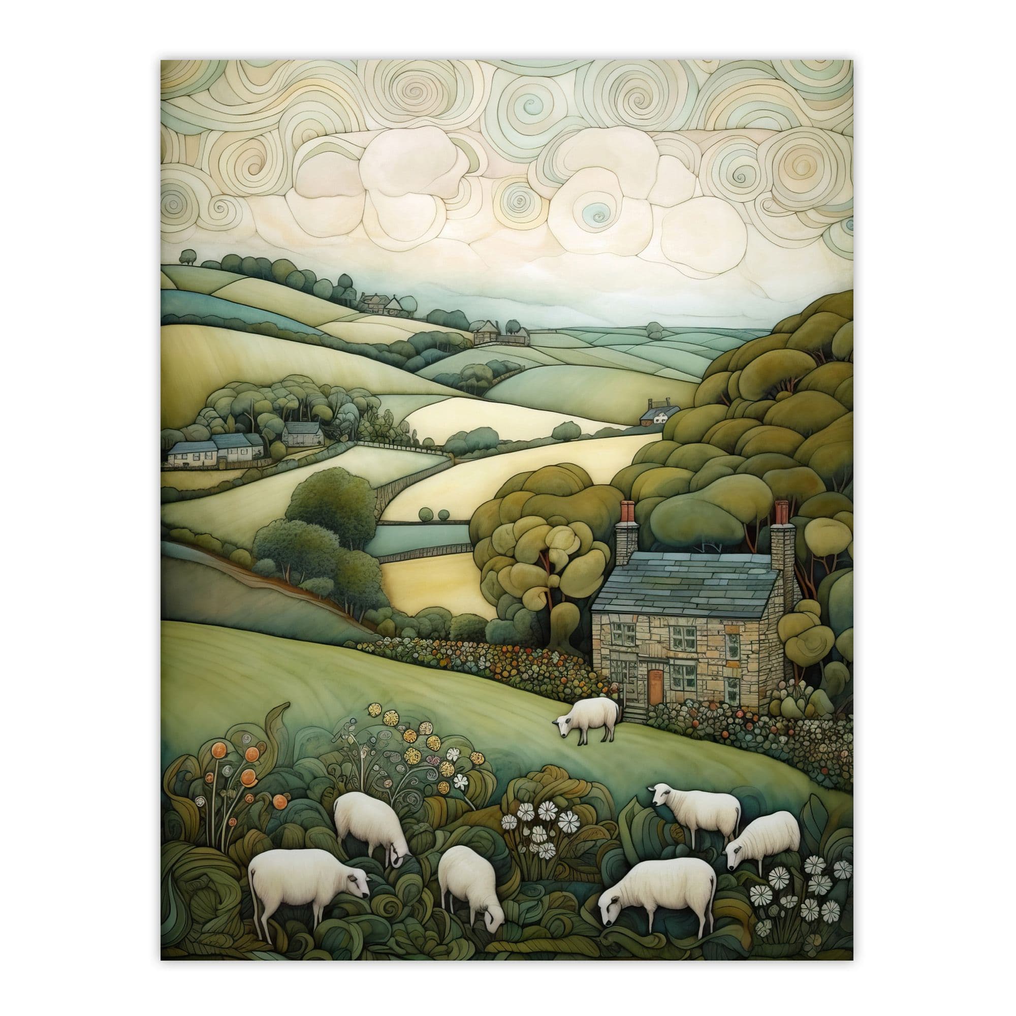 Sleepy England Celia Hapton Quirky Lake District Scene Rolling Hills Grazing Sheep Large Wall Art Poster Print Thick Paper 18X24 Inch