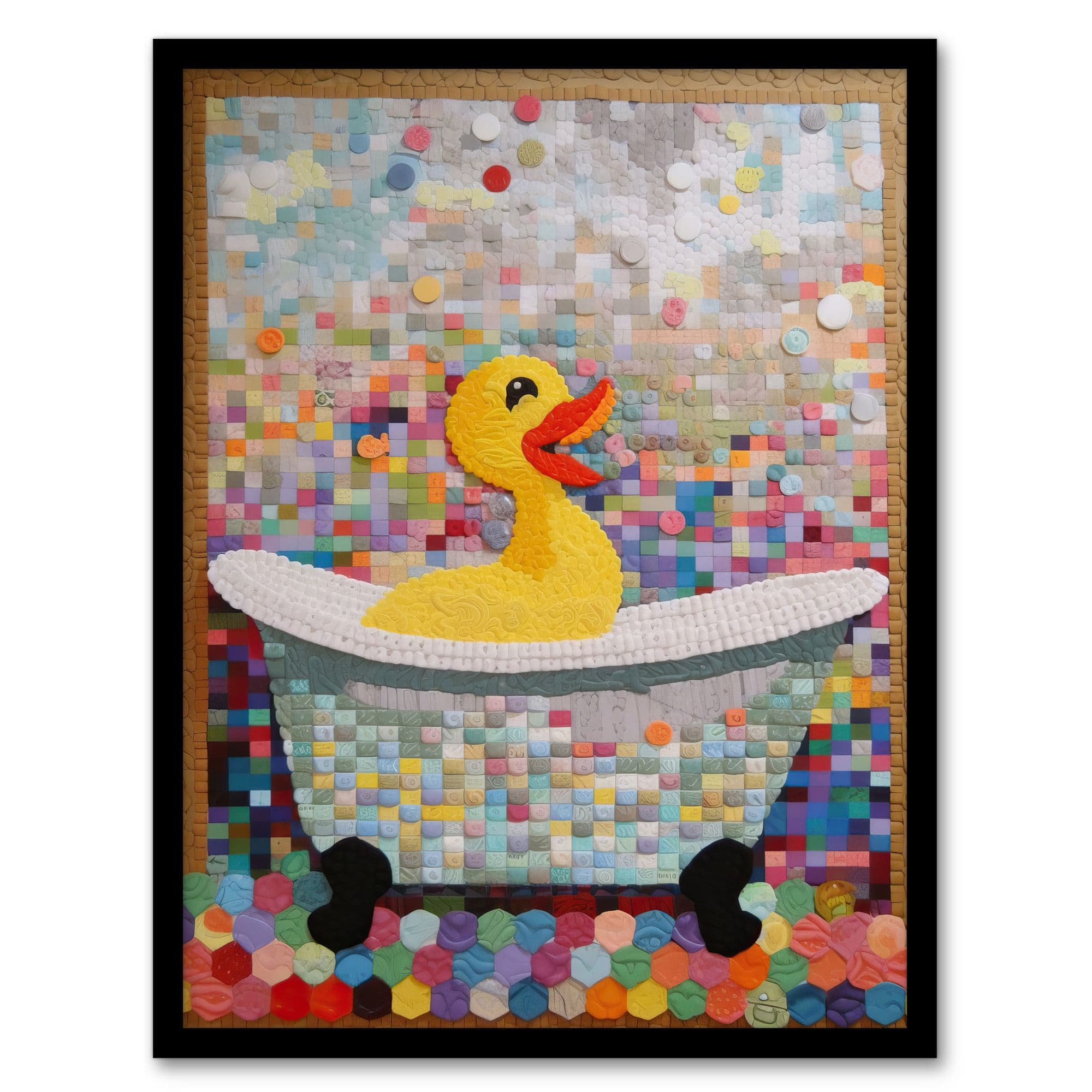 Rubber Duck Ducky Bath Time Bathroom Toilet Art Mosaic Room Nursery Art Print Framed Poster Wall Decor 12x16 inch
