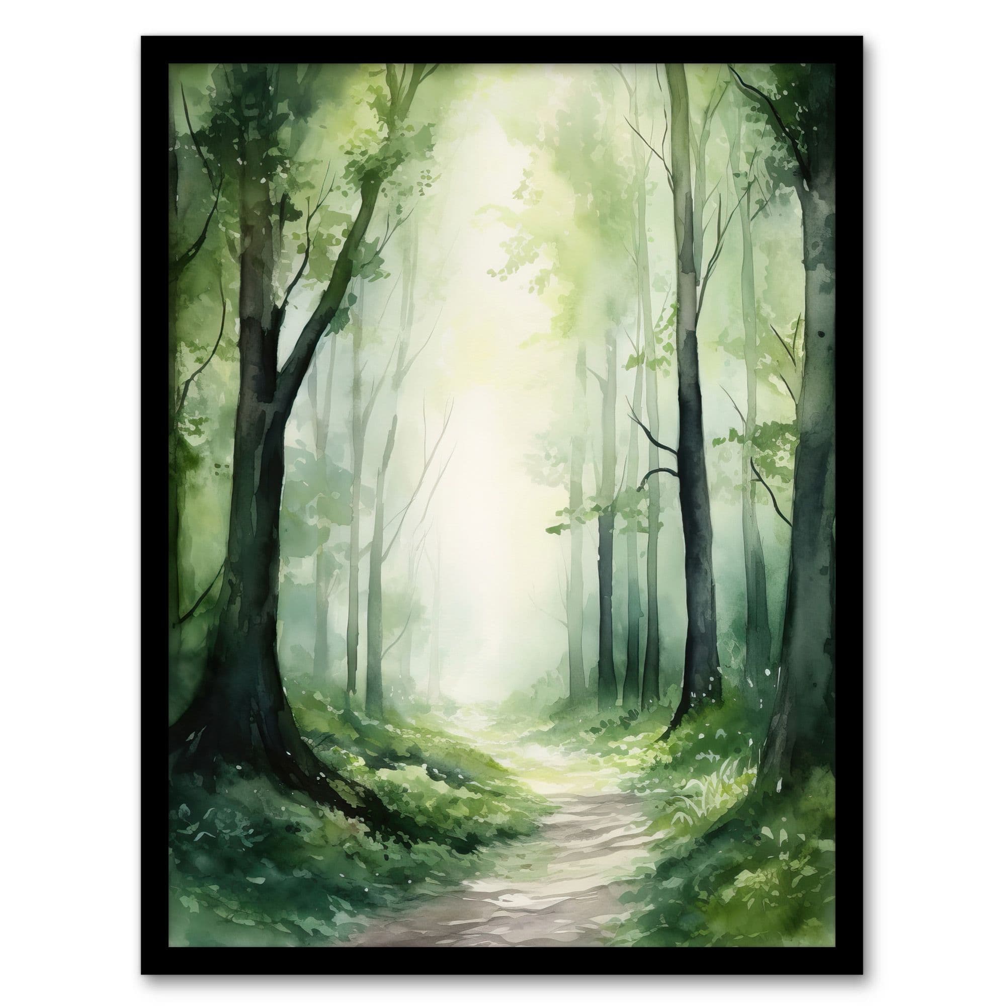 Sage Green Springtime By Kath Raymond Forest Trees Soft And Dreamy Watercolour Painting Art Print Framed Poster Wall Decor 12x16 inch