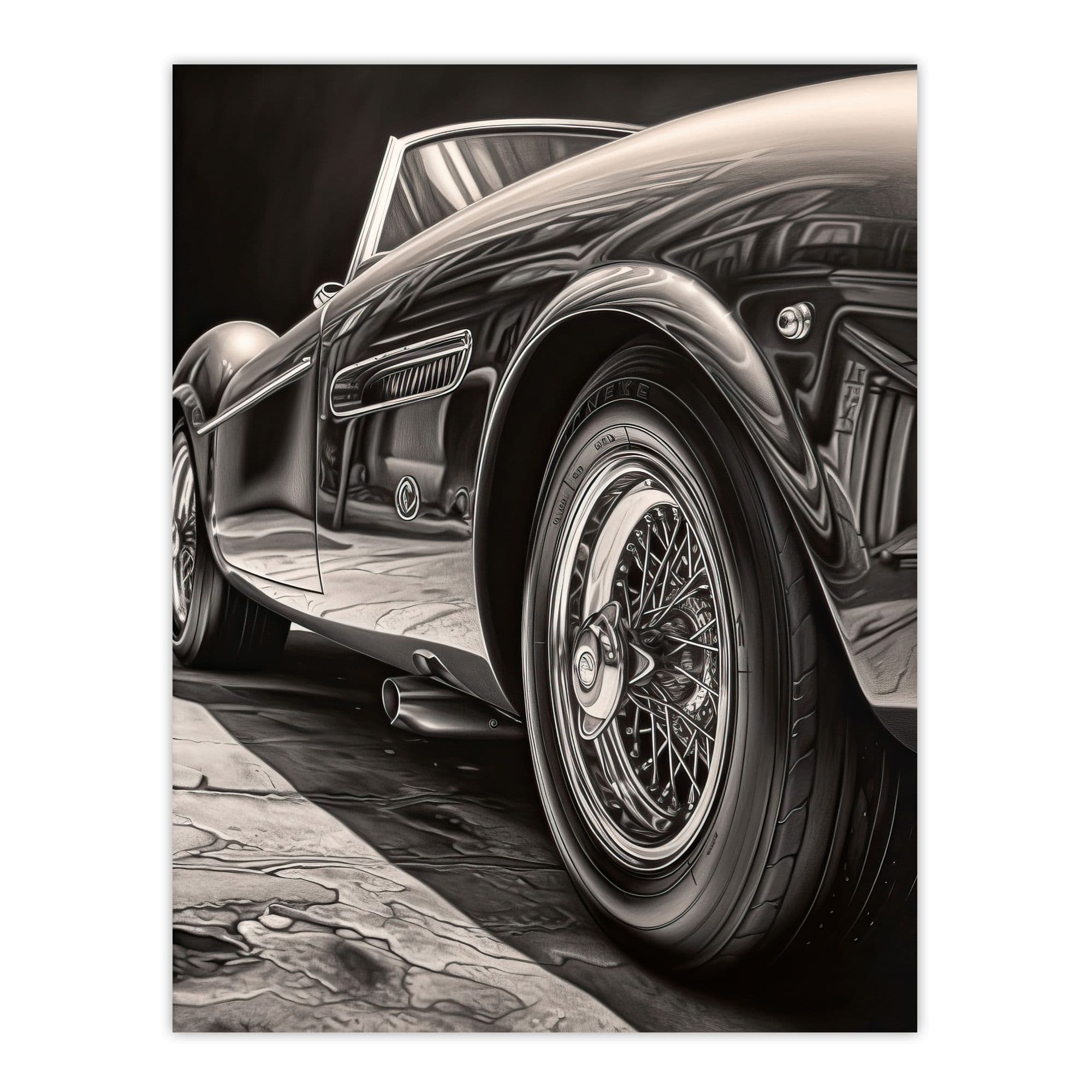 Sleek Sporty Hyper Realistic Graphite Drawing Sports Car Spoke Wheels Gift Him Unframed Wall Art Print Poster Home Decor Premium
