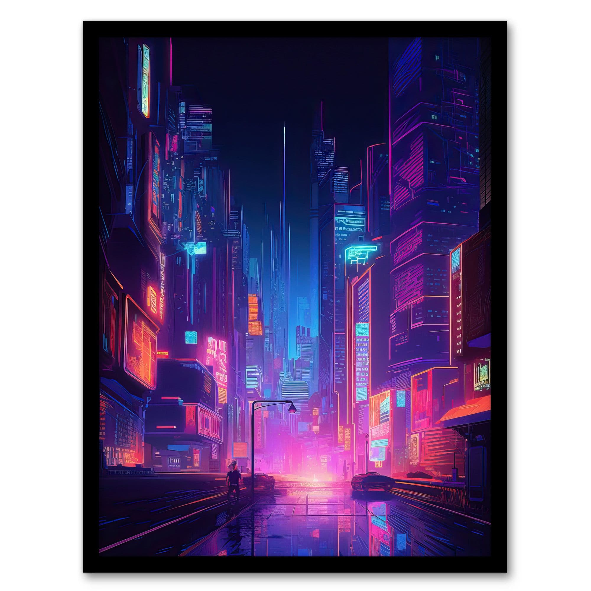 Synthpop City Modern Neon Futuristic Cityscape Purple Artwork Framed Wall Art Print A4