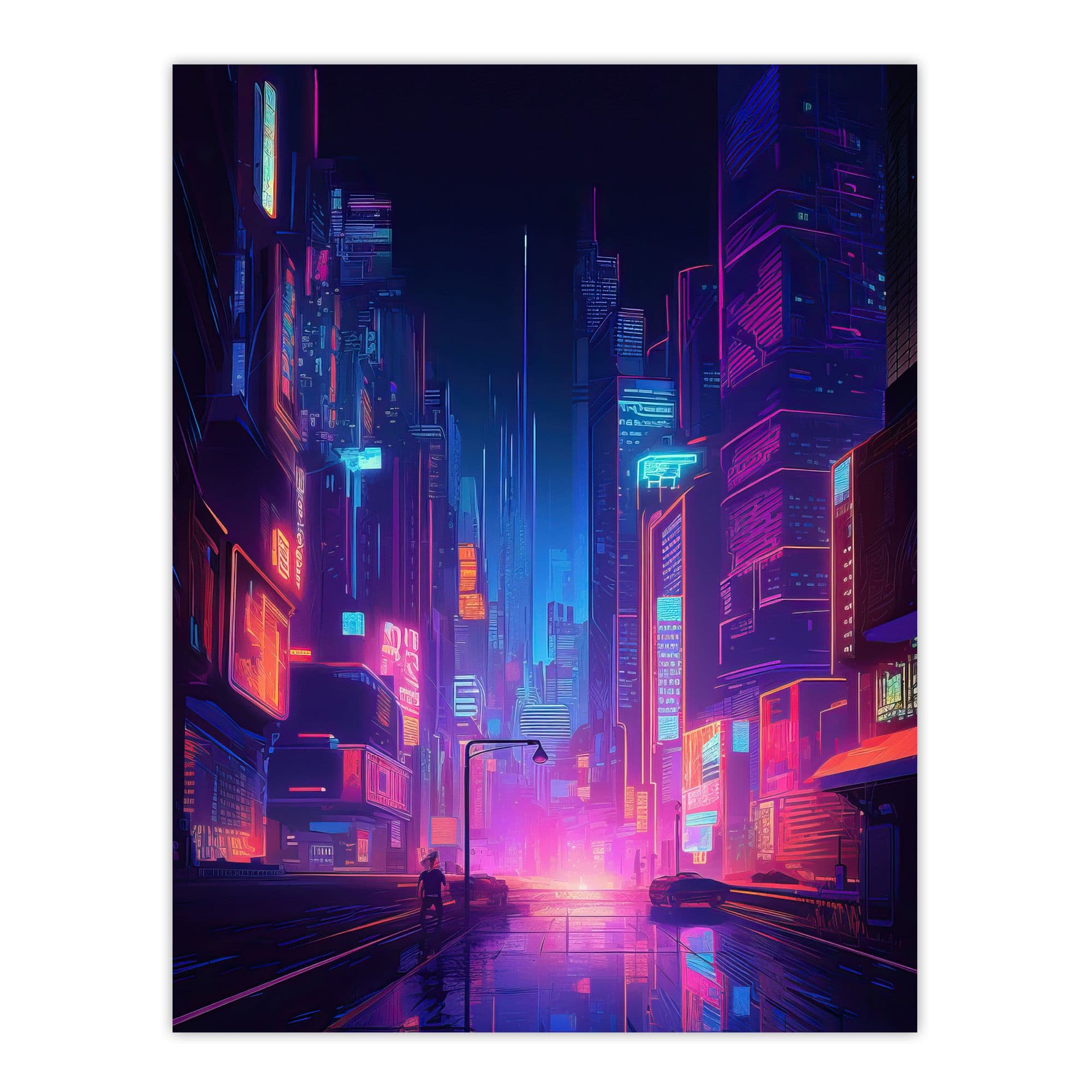 Synthpop City Modern Neon Futuristic Cityscape Purple Large Wall Art Poster Print Thick Paper 18X24 Inch