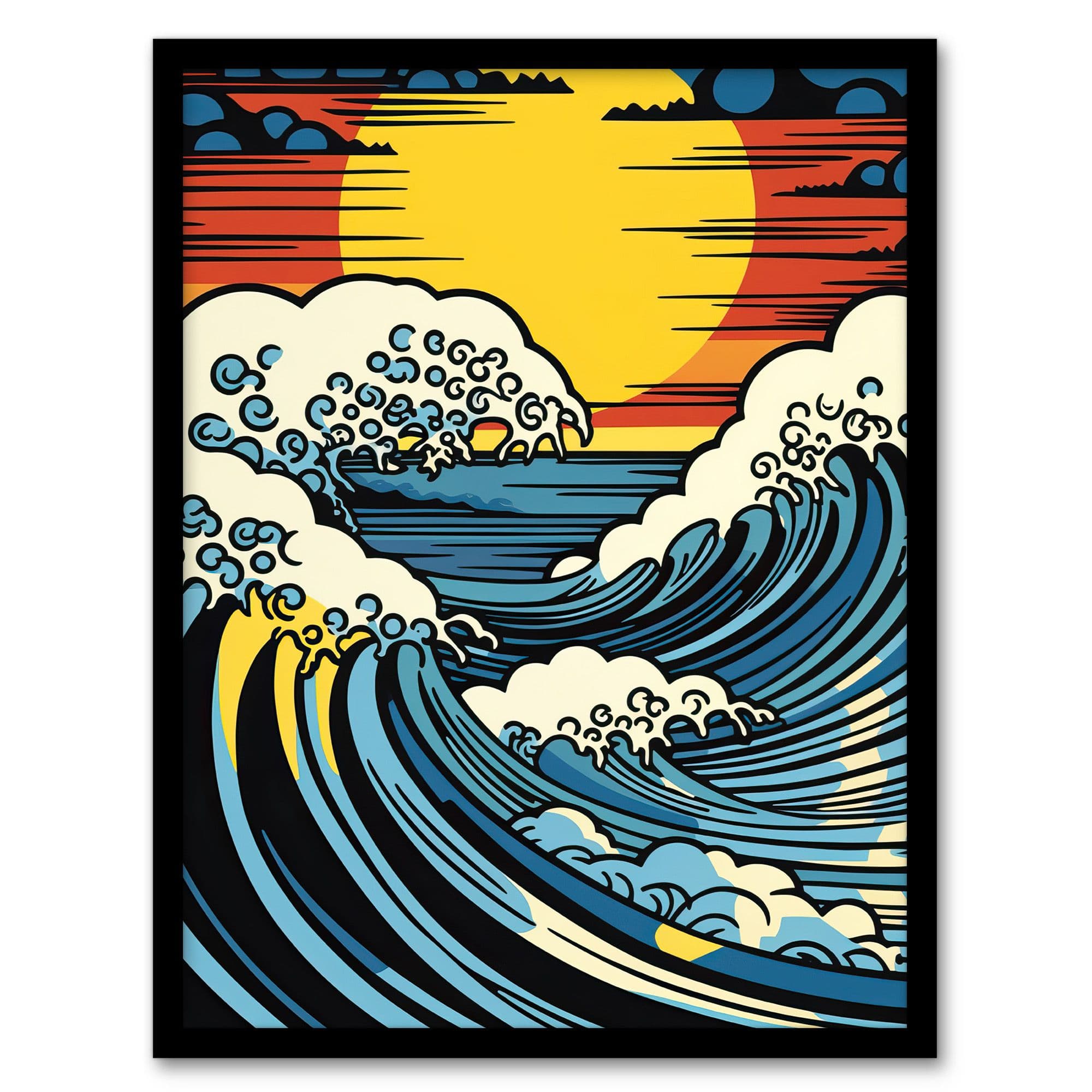 The Great Wave Modern Seascape Artwork Comic Book Pop Art Sunset Artwork Framed Wall Art Print A4