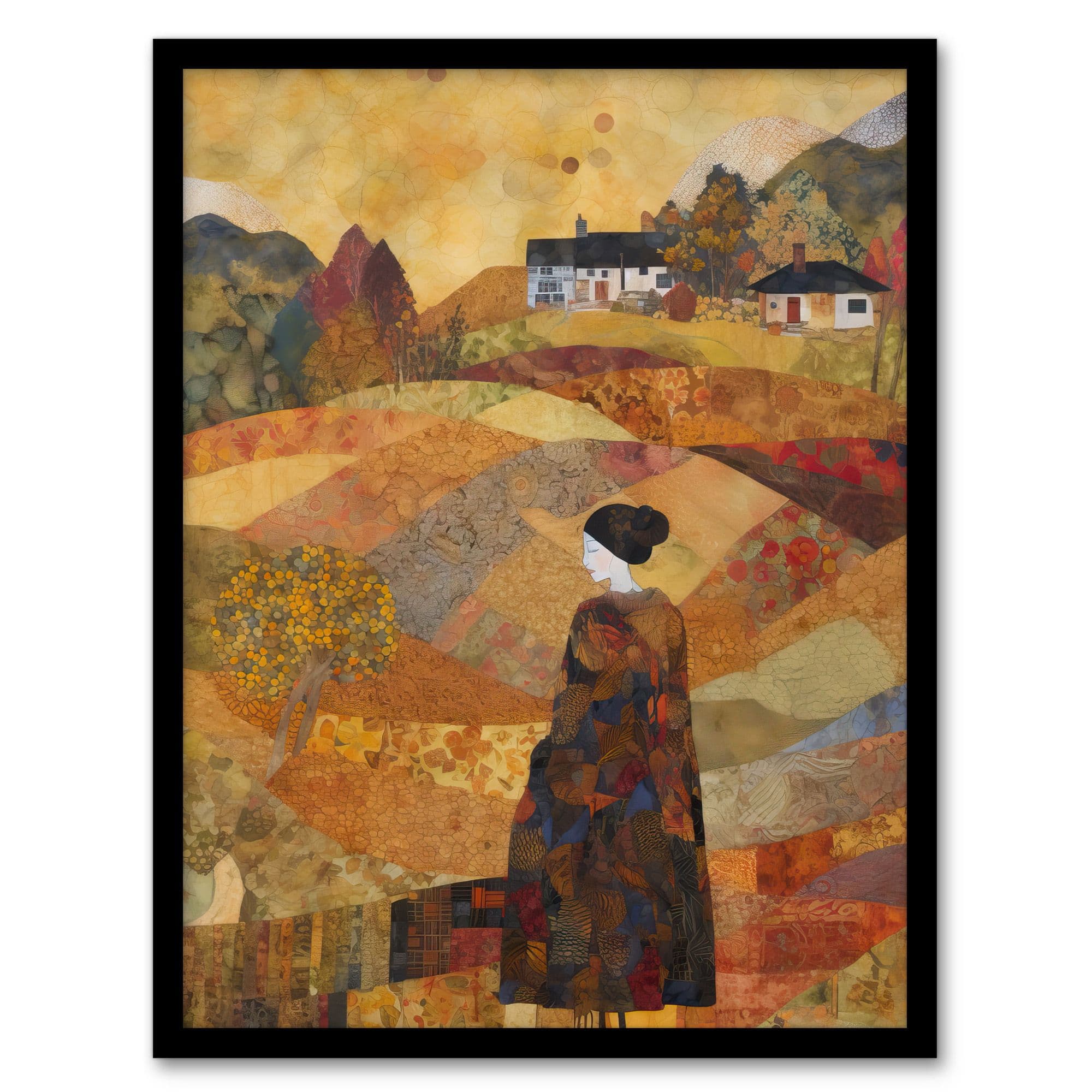 Our Harvest Fields By Jenny Adamson Autumn Farm Klimt Warm Orange Ochre Pastel Shades Artwork Framed Wall Art Print A4