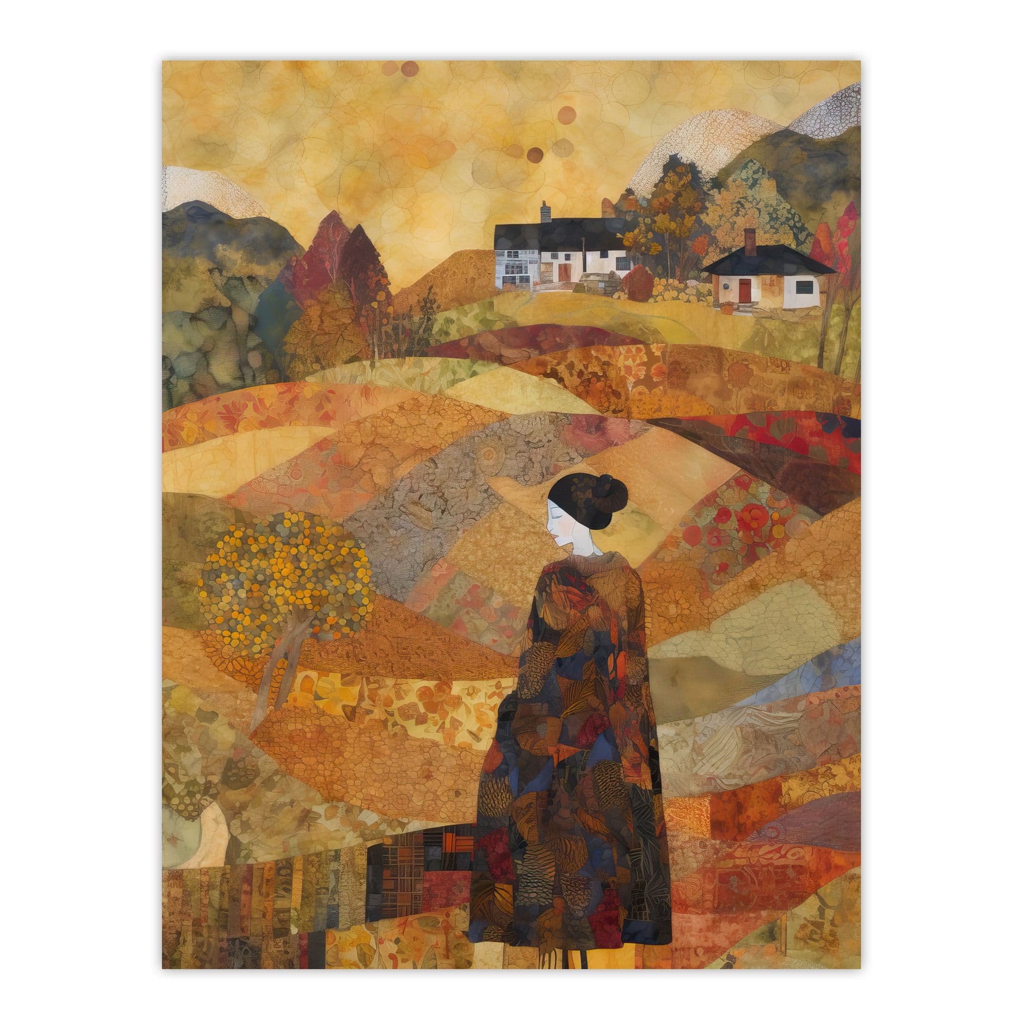 Our Harvest Fields By Jenny Adamson Autumn Farm Klimt Warm Orange Ochre Pastel Shades Extra Large XL Wall Art Poster Print