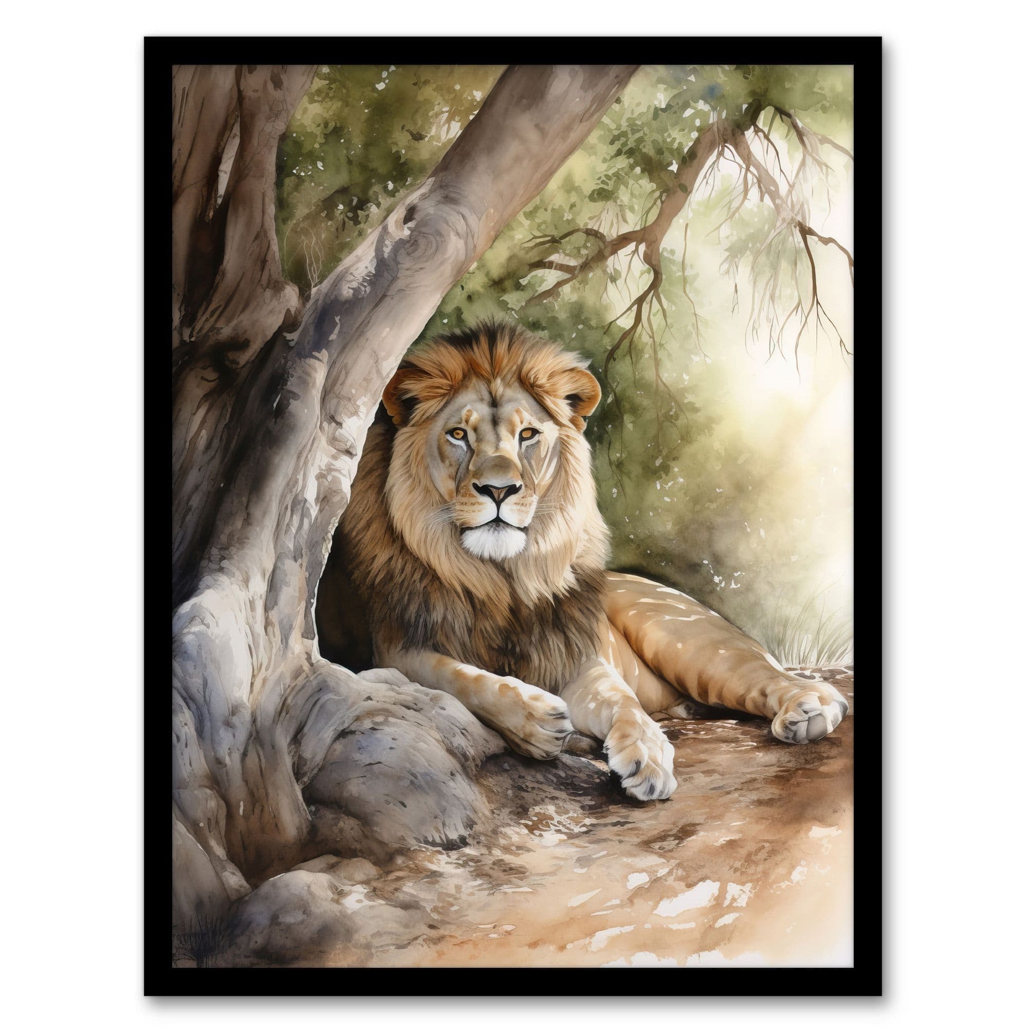 The Lion Waits Watercolour Painting African Savannah Artwork Framed Wall Art Print A4