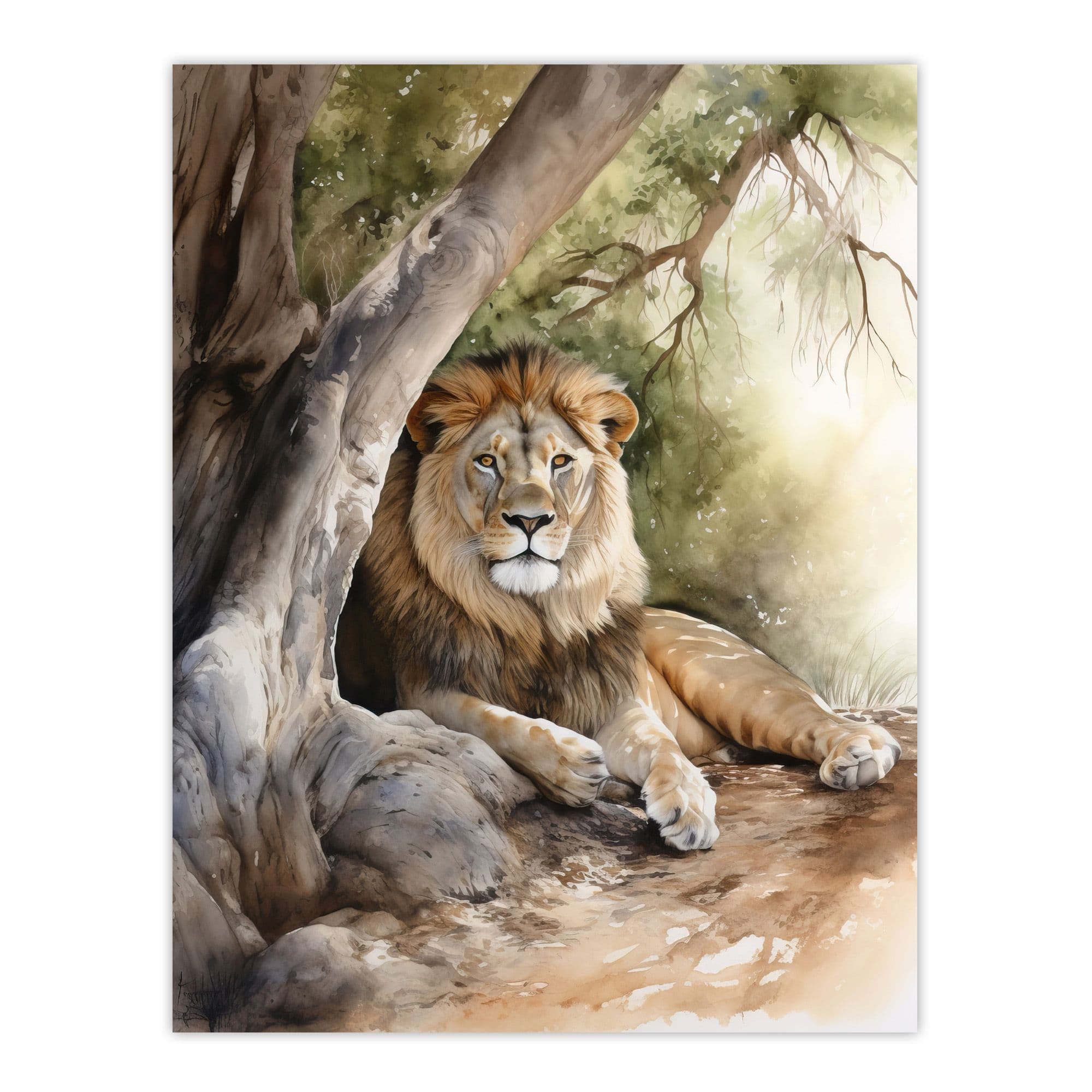 Lion Waits Watercolour Painting African Savannah Extra Large Wall Art Poster Print