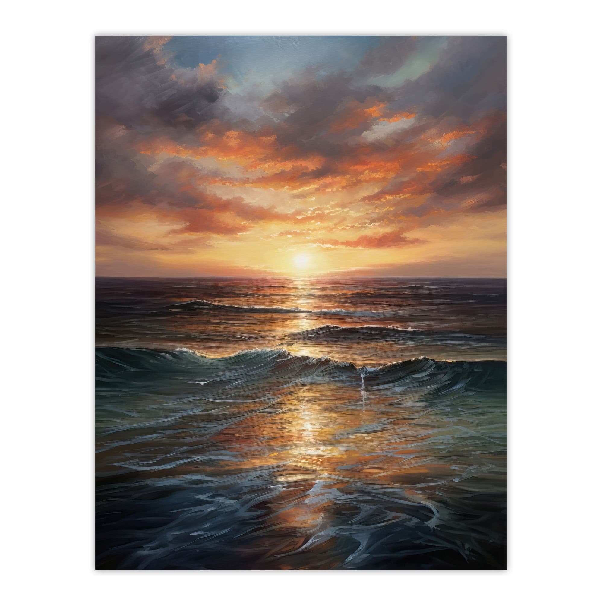 Tranquil Seascape Sunset Ocean Waves On Sea Oil Painting Large Wall Art Poster Print Thick Paper 18X24 Inch