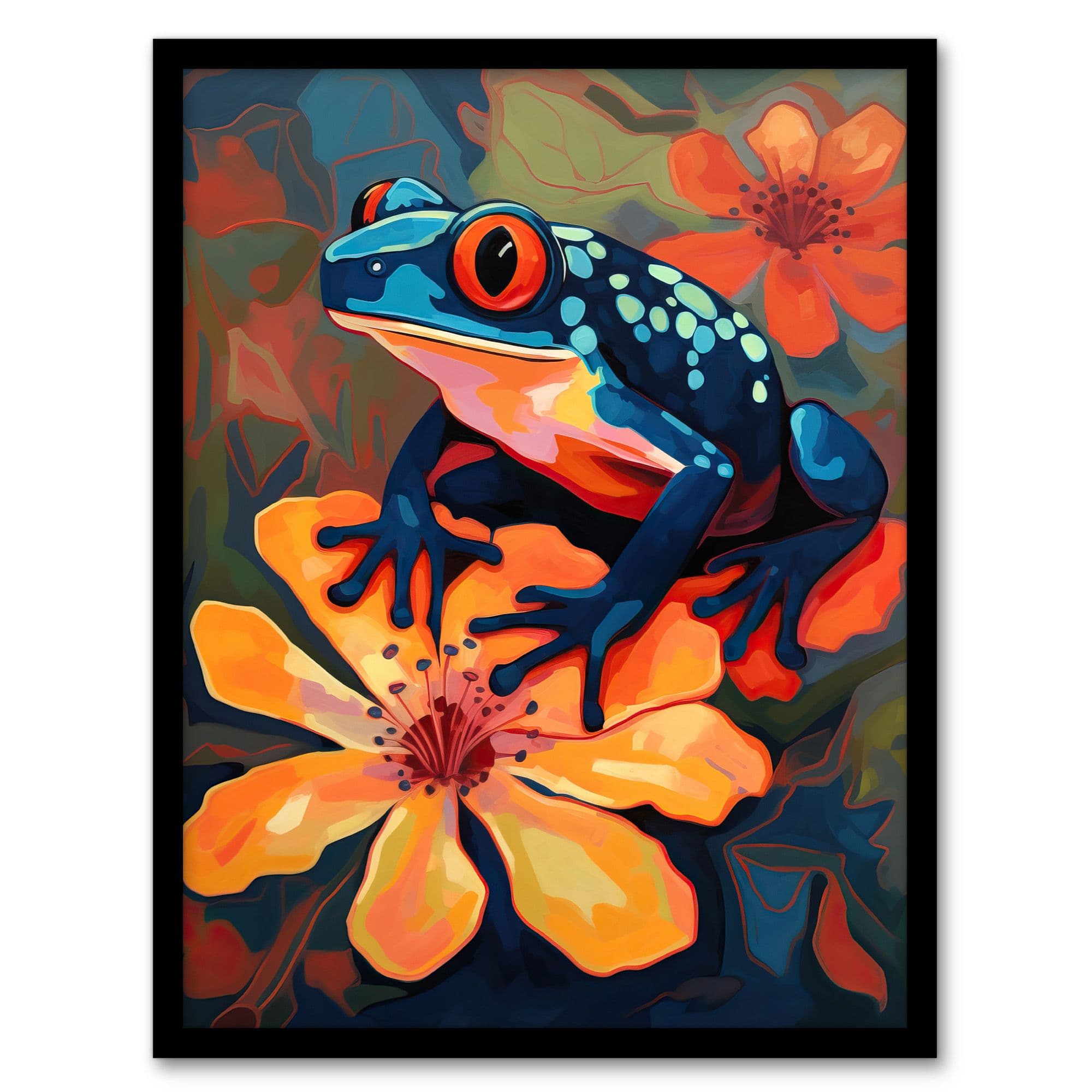 Tropical Blue Frog On Orange Flower Striking Oil Painting Amazon Jungle Art Print Framed Poster Wall Decor 12x16 inch