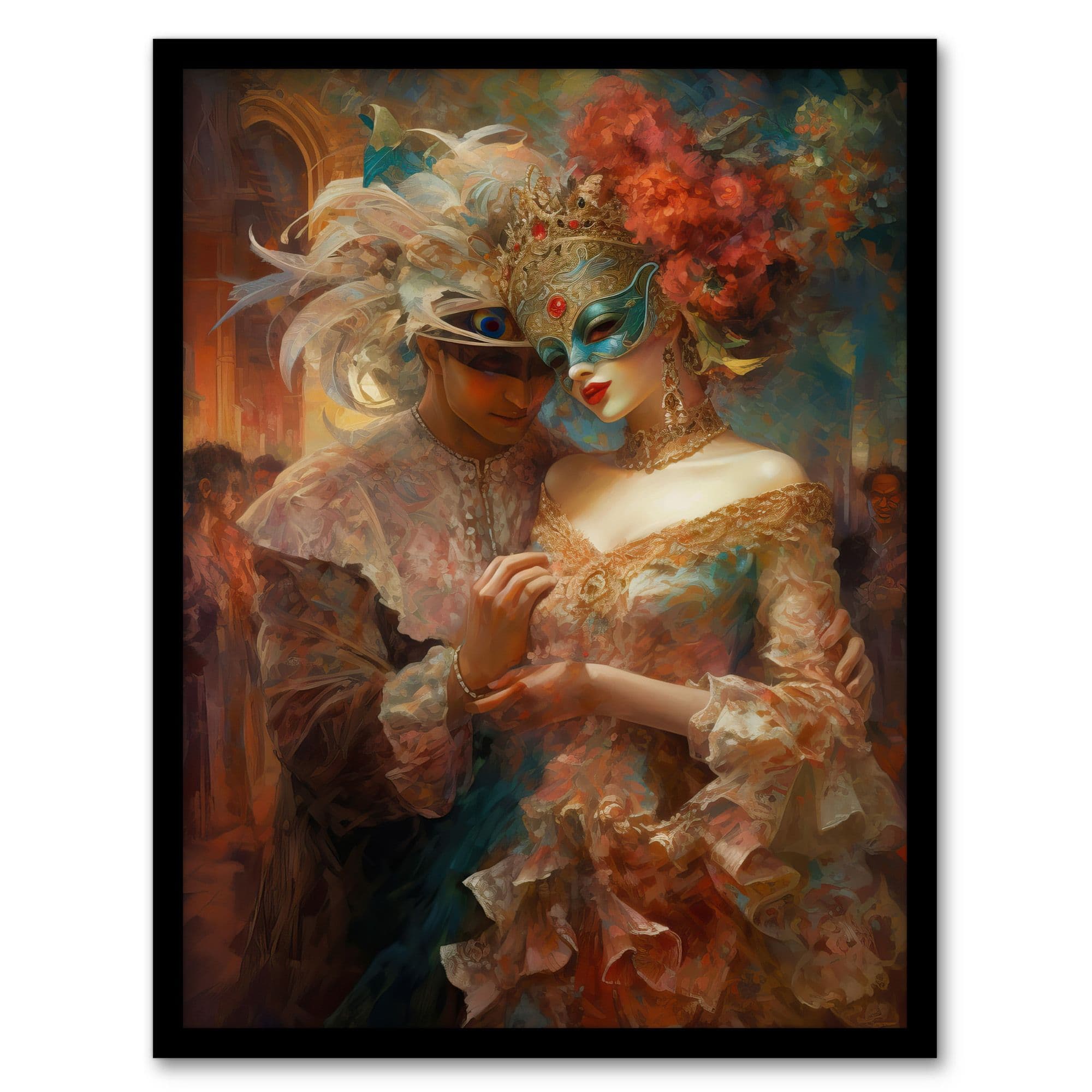 Venetian Masked Ball Romantic Painting Artwork Framed Wall Art Print A4