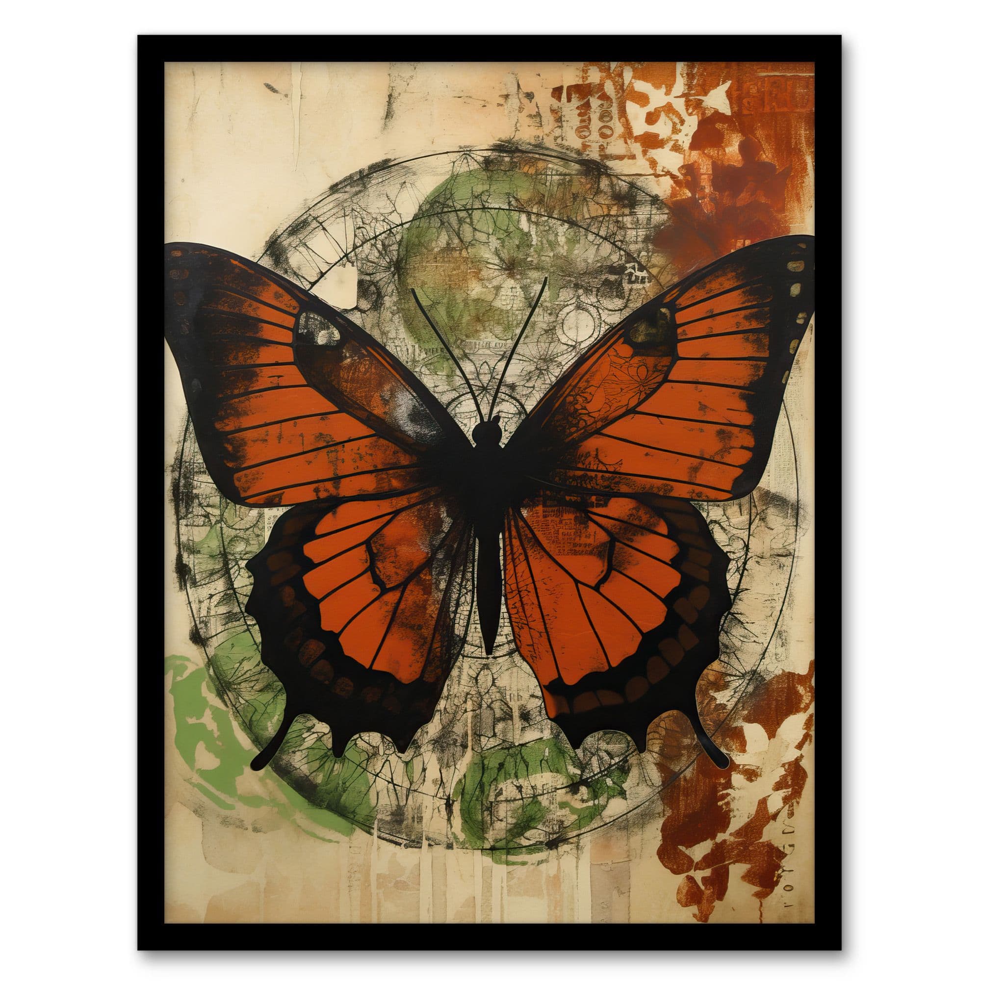 Vintage Monarch Butterfly Botanical Earthy Grunge Aesthetic Artwork Framed Wall Art Print A4