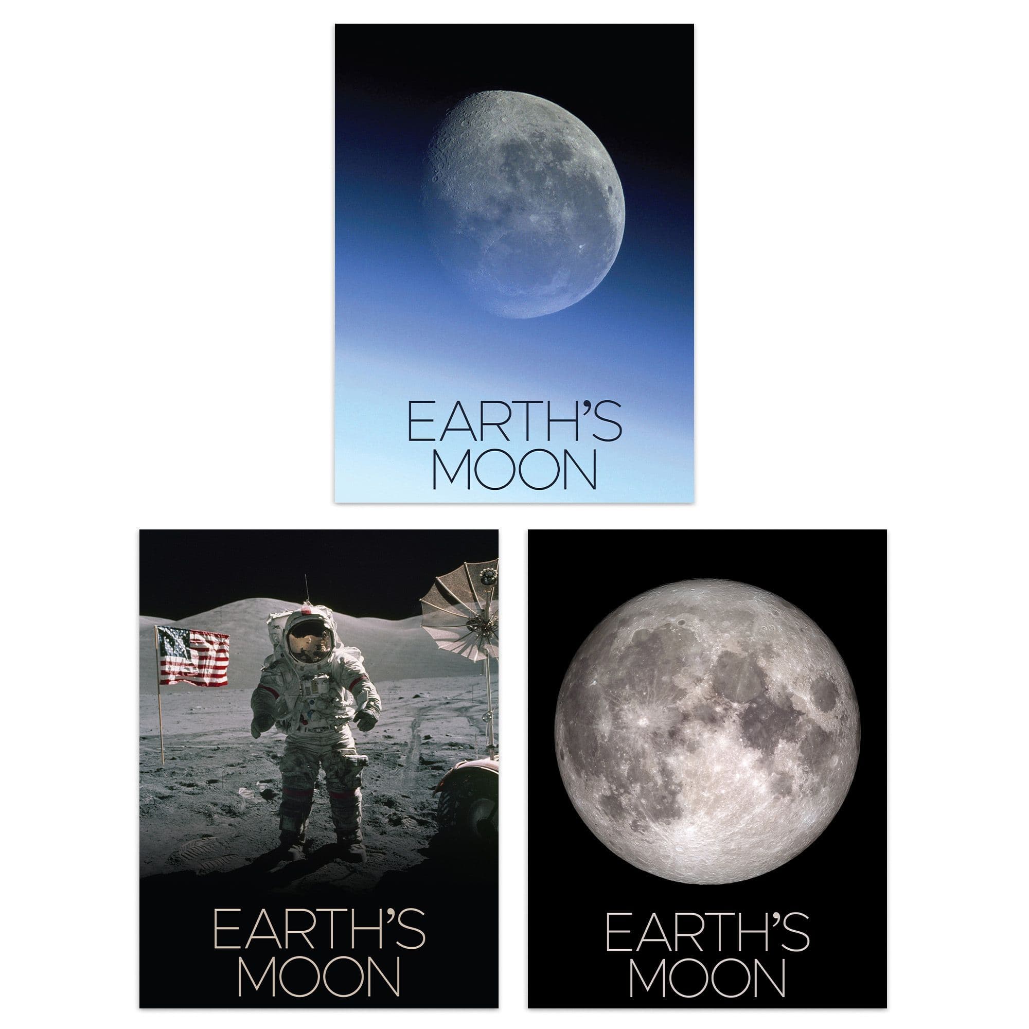 Wall Art Print Pack 3 NASA Our Solar System Earths Moon Images Lunar Orbiter Apollo 17 Astronaut on Surface Large Poster Set
