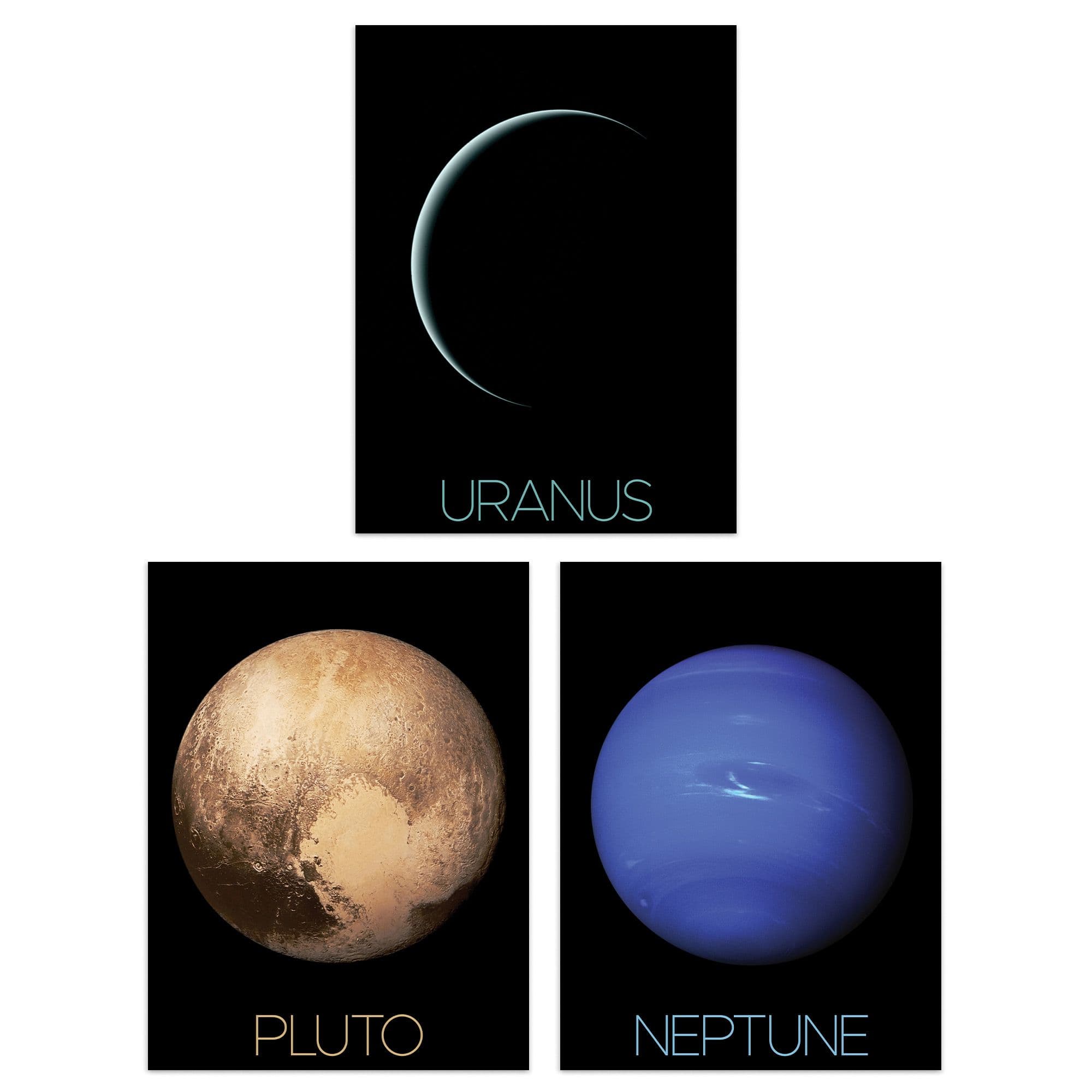 Wall Art Print Pack 3 NASA Our Solar System Planets Uranus Neptune Dwarf Pluto Voyager 2 Horizons Images Large Poster Set