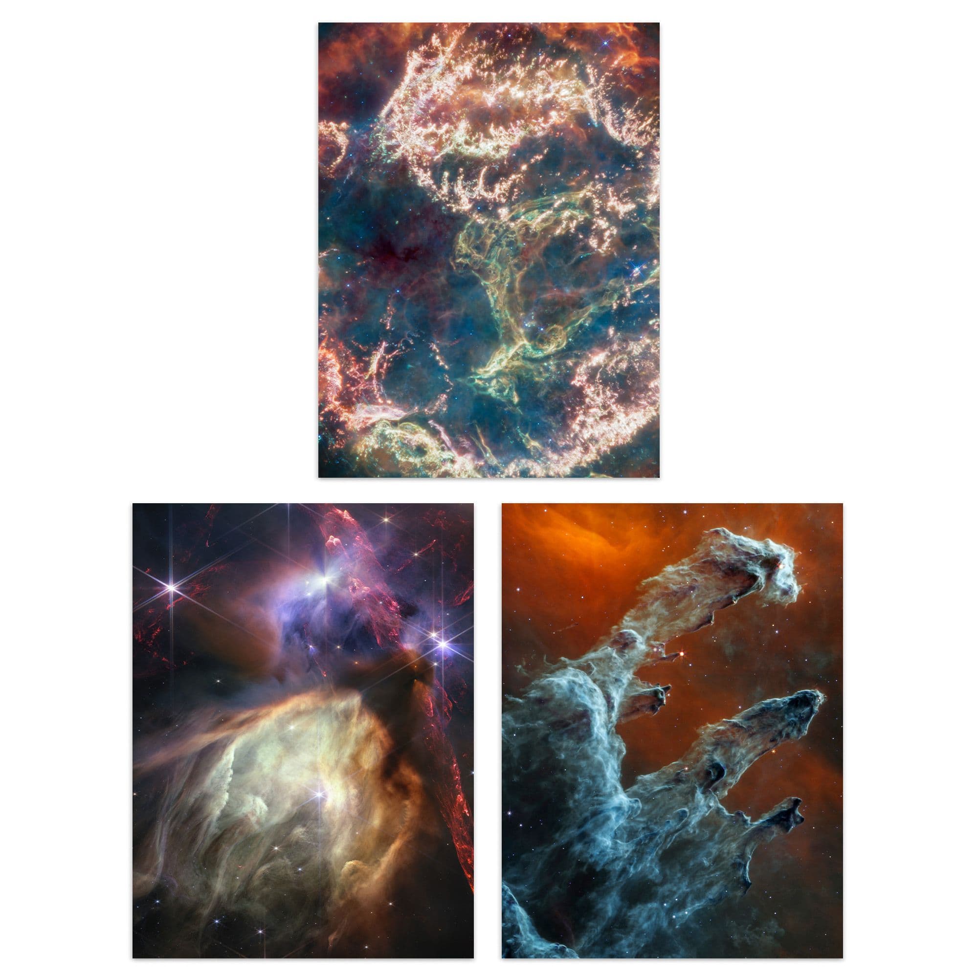 Wall Art Print Pack of 3 NASA James Webb Pillars of Creation Rho Ophiuchi Cloud Complex Cassiopeia A Images Large Poster Set