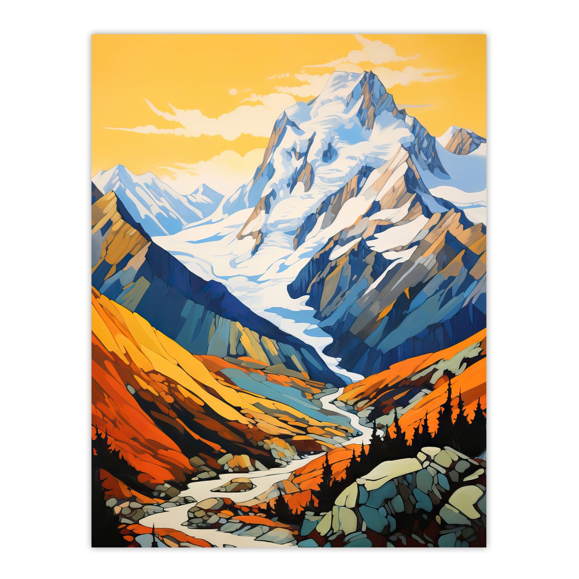 Aoraki Mount Cook Artwork Amber Orange Blue National Park New Zealand Snow Peaked Mountain Cloud Piercer Large Wall Unframed Art Poster Print Thick Pa