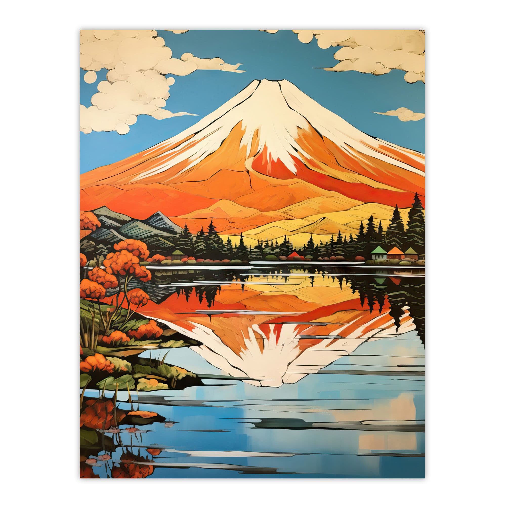 Mount Fuji Reflecting In Lake Kawaguchi Waters Oil Painting Japan Sacred Volcano Mountain Large Wall Unframed Art Poster Print Thick Paper 18X24 Inch