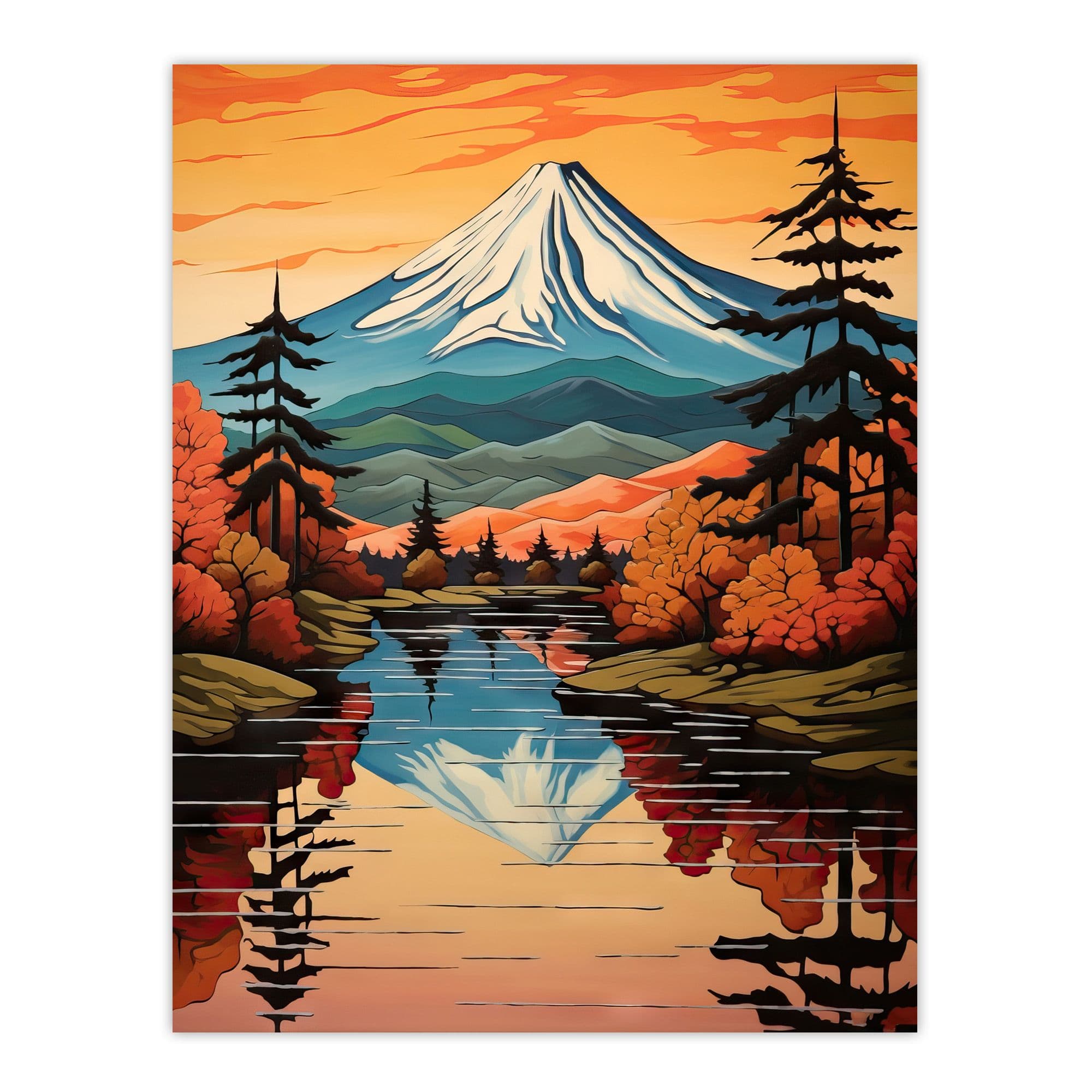 Mount Fuji Reflecting Lake Kawaguchi Waters Oil Painting Autumn Japan Sacred Volcano Mountain Large Wall Unframed Art Poster Print Thick Paper 1