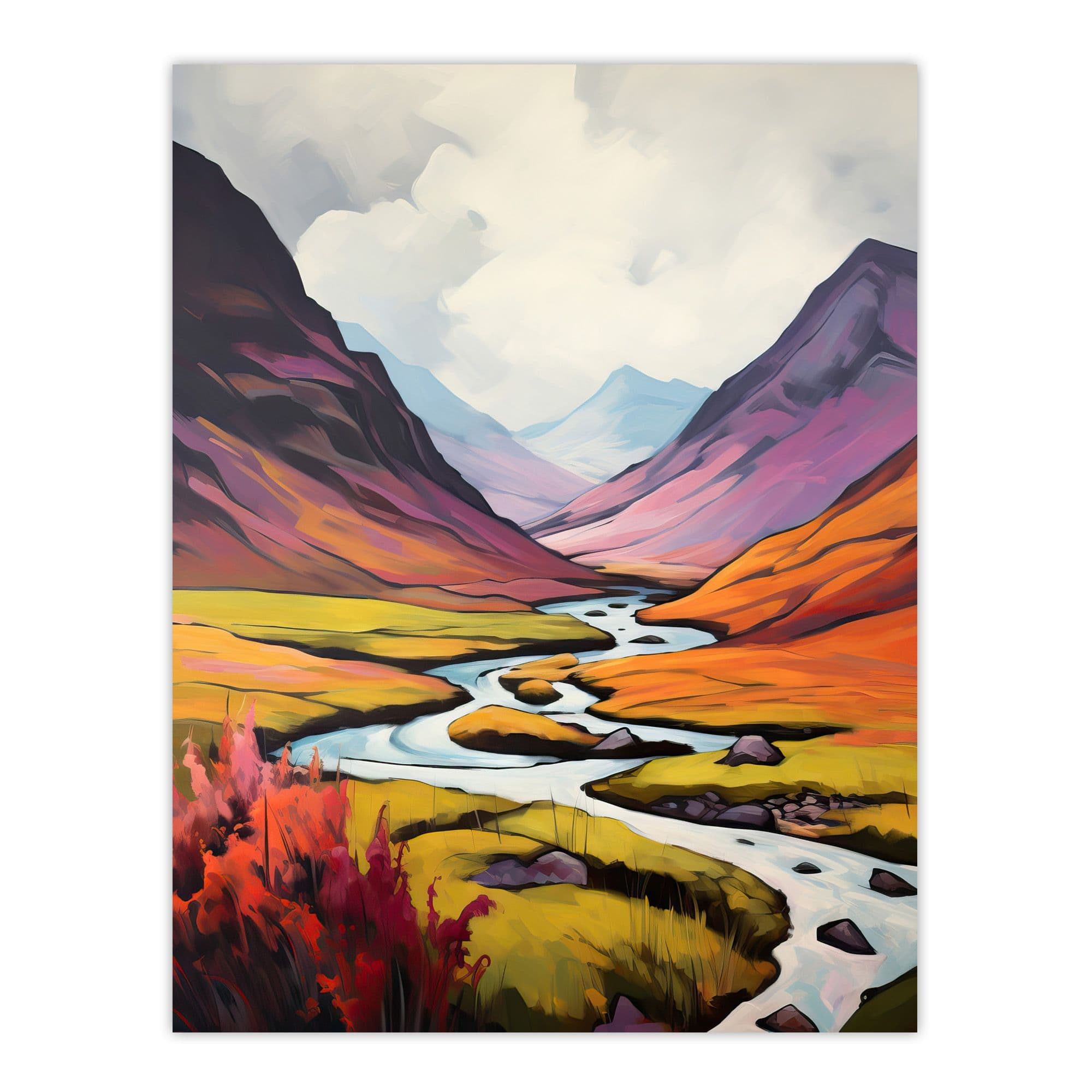 Scotland Glencoe Valley Oil Painting Majestic Mountains And River With Heather Shrubs Large Wall Unframed Art Poster Print Thick Paper 18X24 Inch