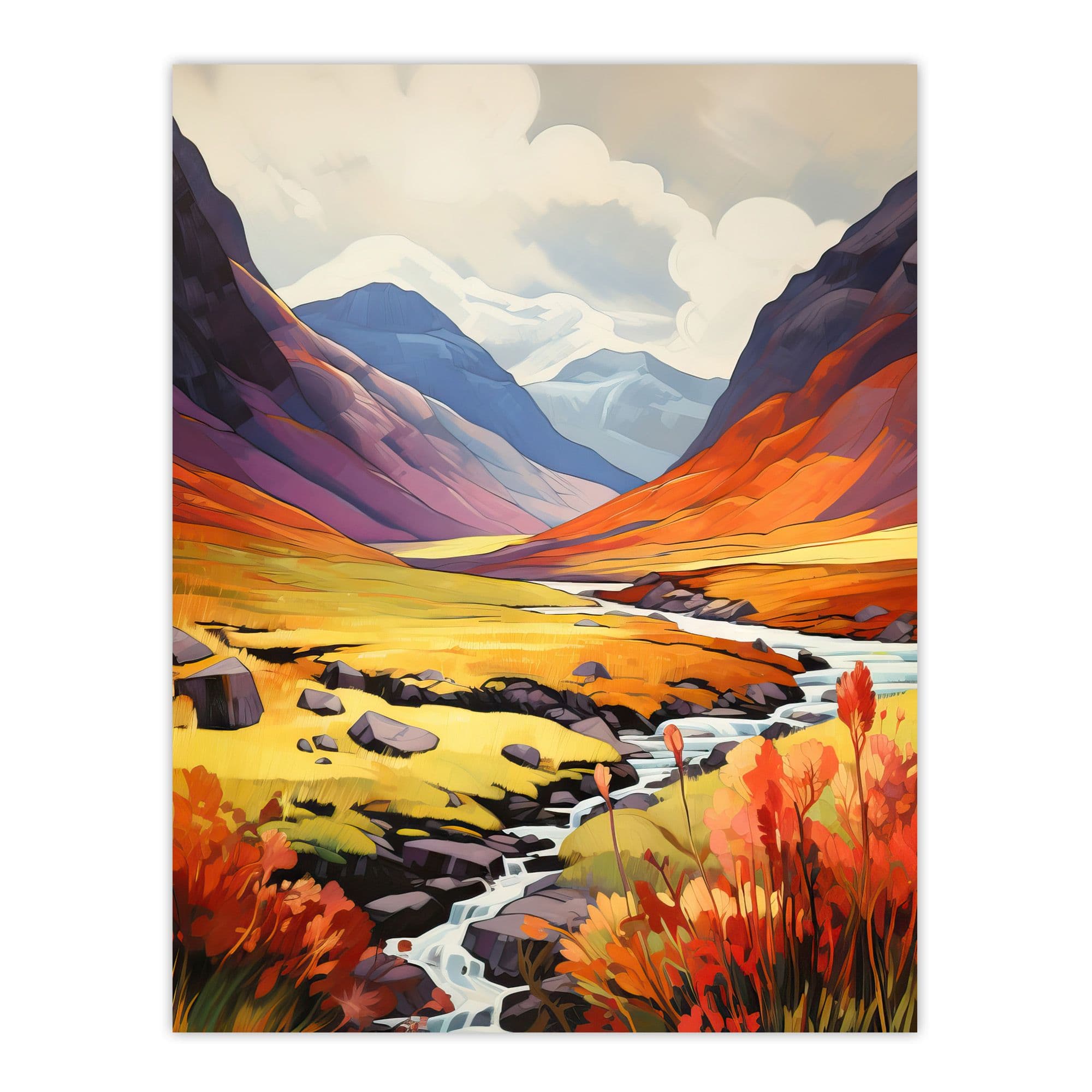 Scotland Glencoe Valley Vibrant Oil Painting Majestic Mountains River Heather Shrubs Large Wall Unframed Art Poster Print Thick Paper 18X24 I