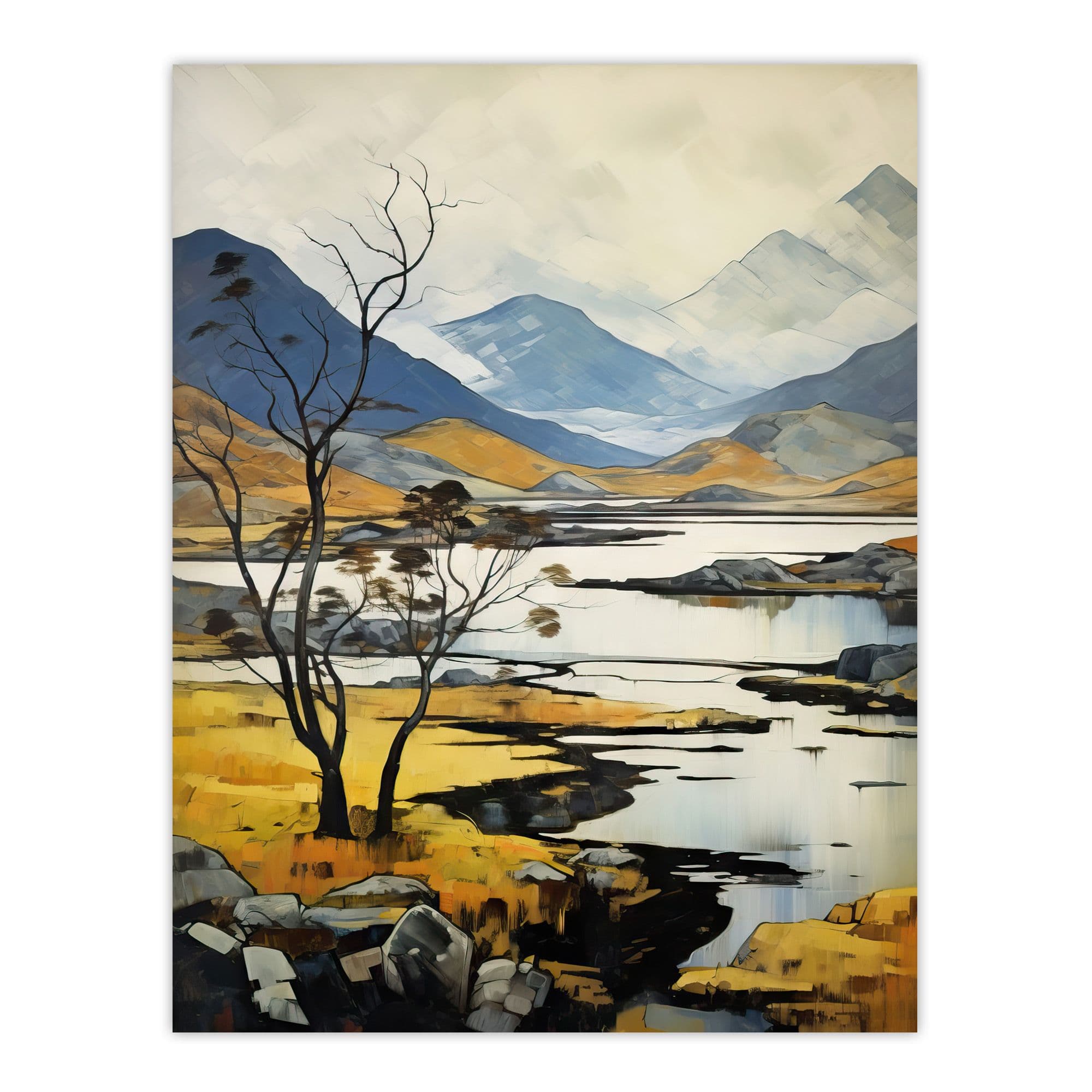 Scottish Highlands In Autumn Oil Painting Ochre Blue Misty Mountains And Serene Lake Large Wall Unframed Art Poster Print Thick Paper 18X24 Inch