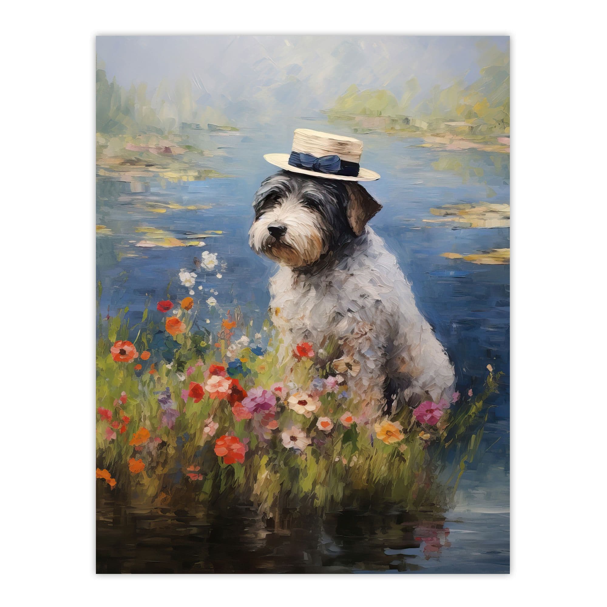Bearded Collie Wearing Hat Claude Monet Style Dog Oil Painting Large Wall Unframed Art Poster Print Thick Paper 18X24 Inch